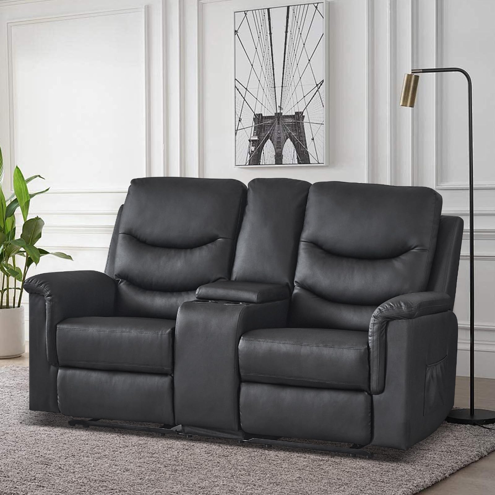 Reclining Loveseat with Console, Loveseat Recliner Sofa Double Recliner Loveseat, Wall Hugger Loveseat Recliner with Cup Holder and Side Pocket for Living Room