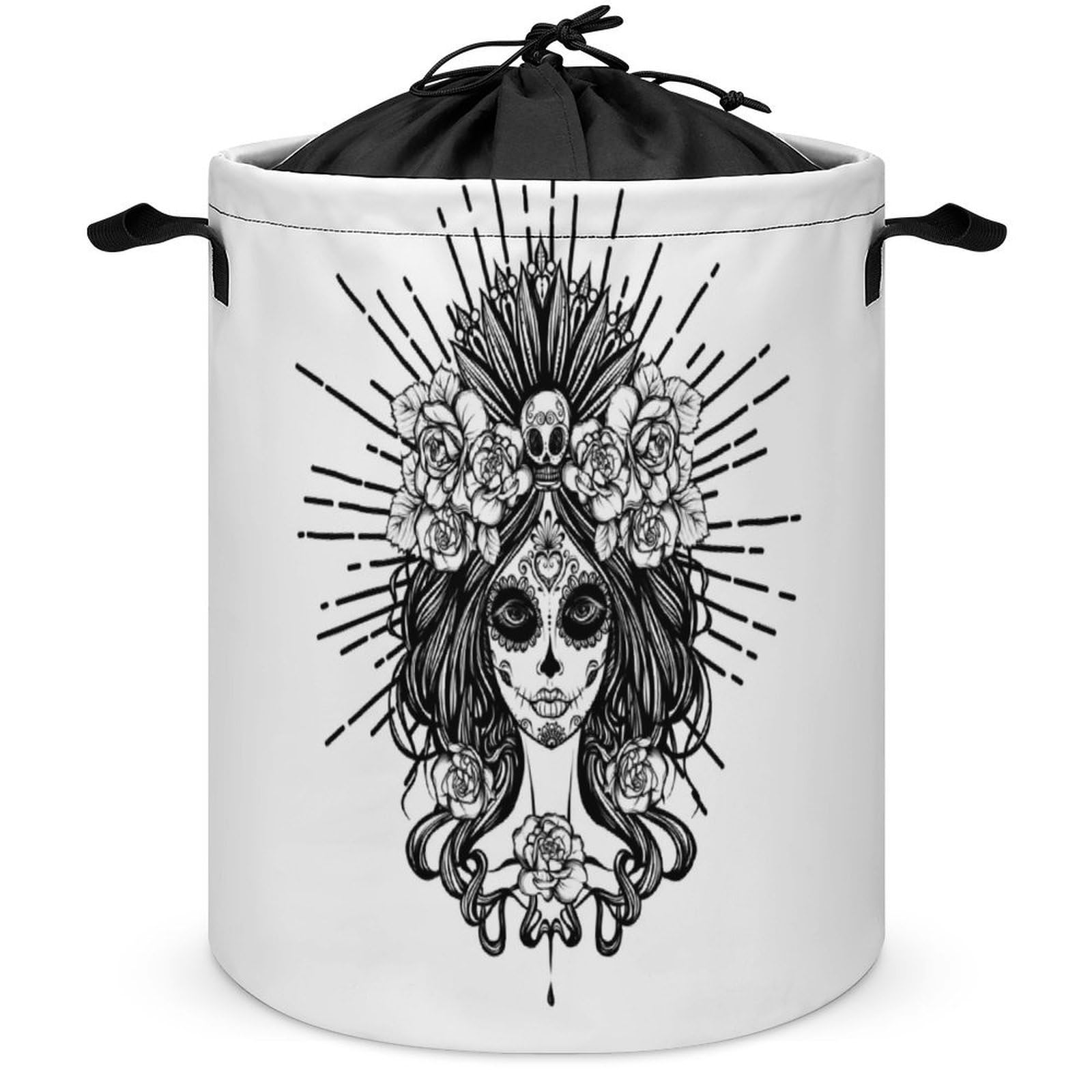 Wlntrophic Drawstring Laundry Hamper, Dia De Los Muertos Skull Laundry Basket, Washing Basket with Handle