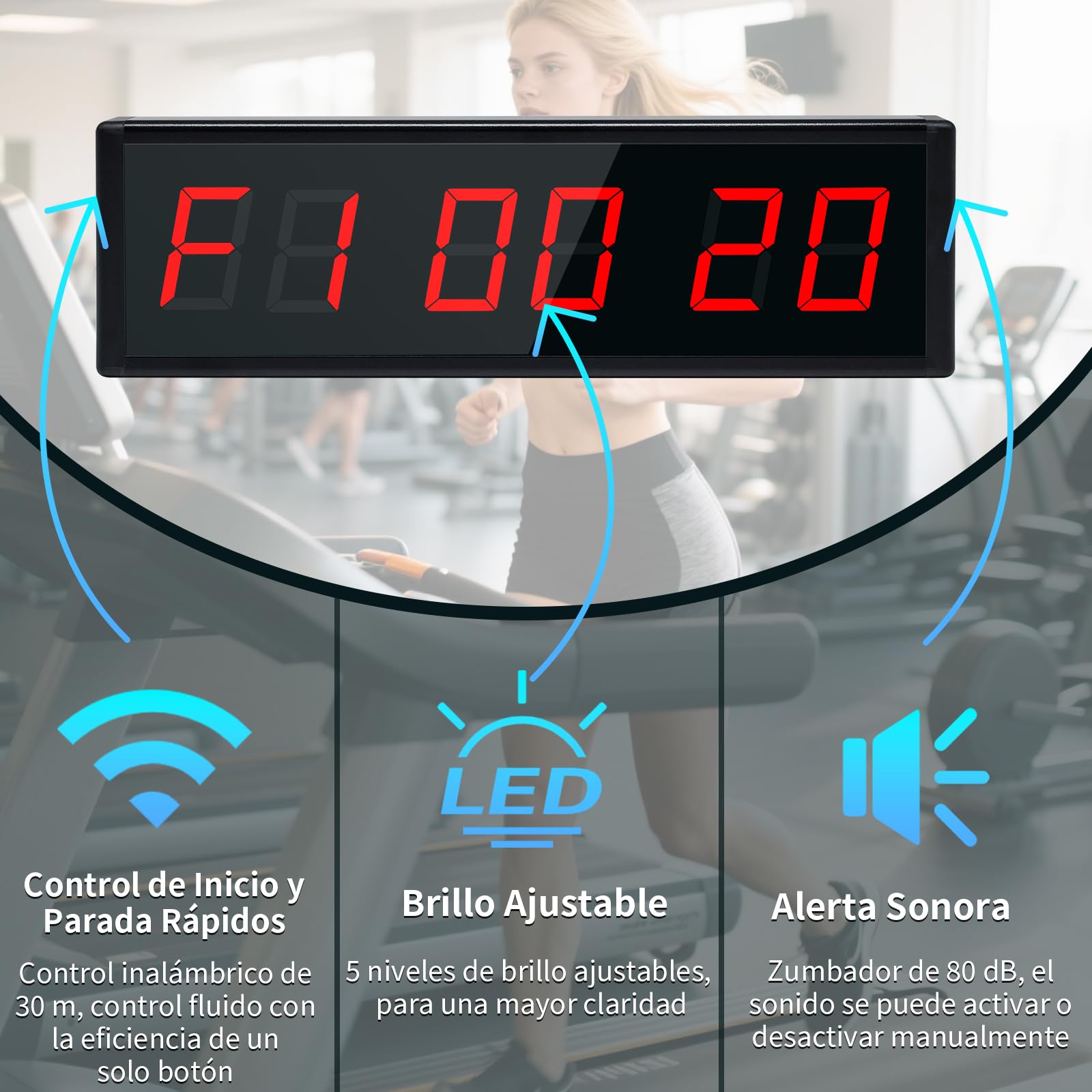 Gym Timer, Reloj de Pared Digital 12/24H con Botón Inalámbrico de Inicio/Parada, Cronometro, Temporizador Digital con Mando a Distancia, Cronometros Deportivos para HIIT/Tabata/FGB(1 botón)