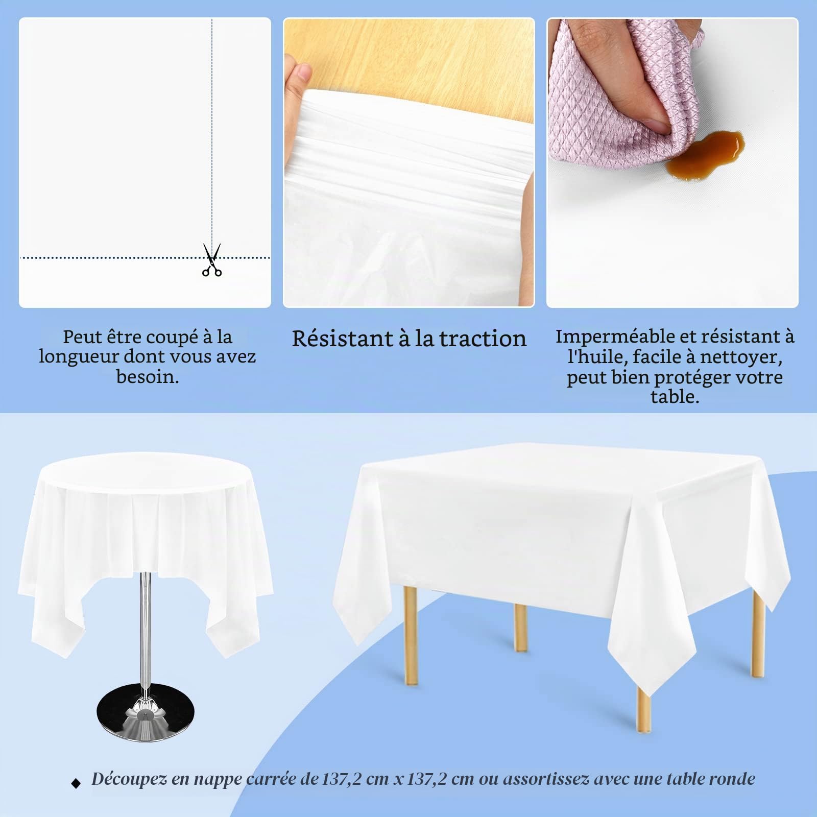Lot de 20 nappes Blanches pour Tables rectangulaires Nappes jetables en Plastique Blanc pour fête d'anniversaire, Mariage, réception, Enterrement de Vie de Jeune Fille, Baby Shower