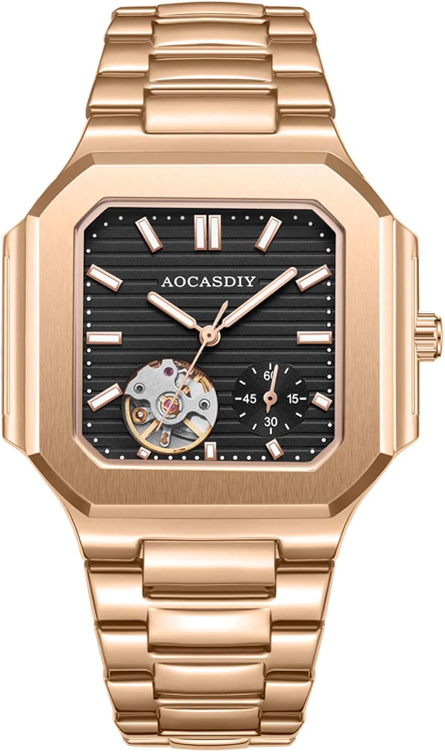 Men's Automatic Watch - Rose Gold Square Mechanical Wristwatch with Stainless Steel Strap, Luxury Chocolate Brown Dial, Open Heart, Luminous Waterproof Business Dress Watches