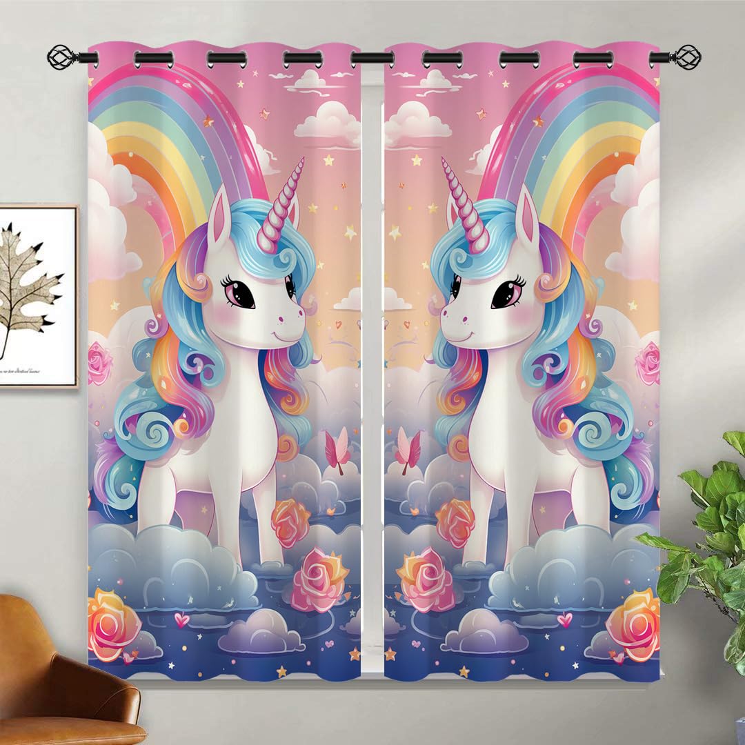 Rainbow Unicorn Blackout Curtains for Girls Boy Home Decor, Fantasy Dreamy Cute Art Cartoon Grommet Thermal Insulated Drapes Darkening Window Curtain for Bedroom Living Room, 42 x 45 Inch