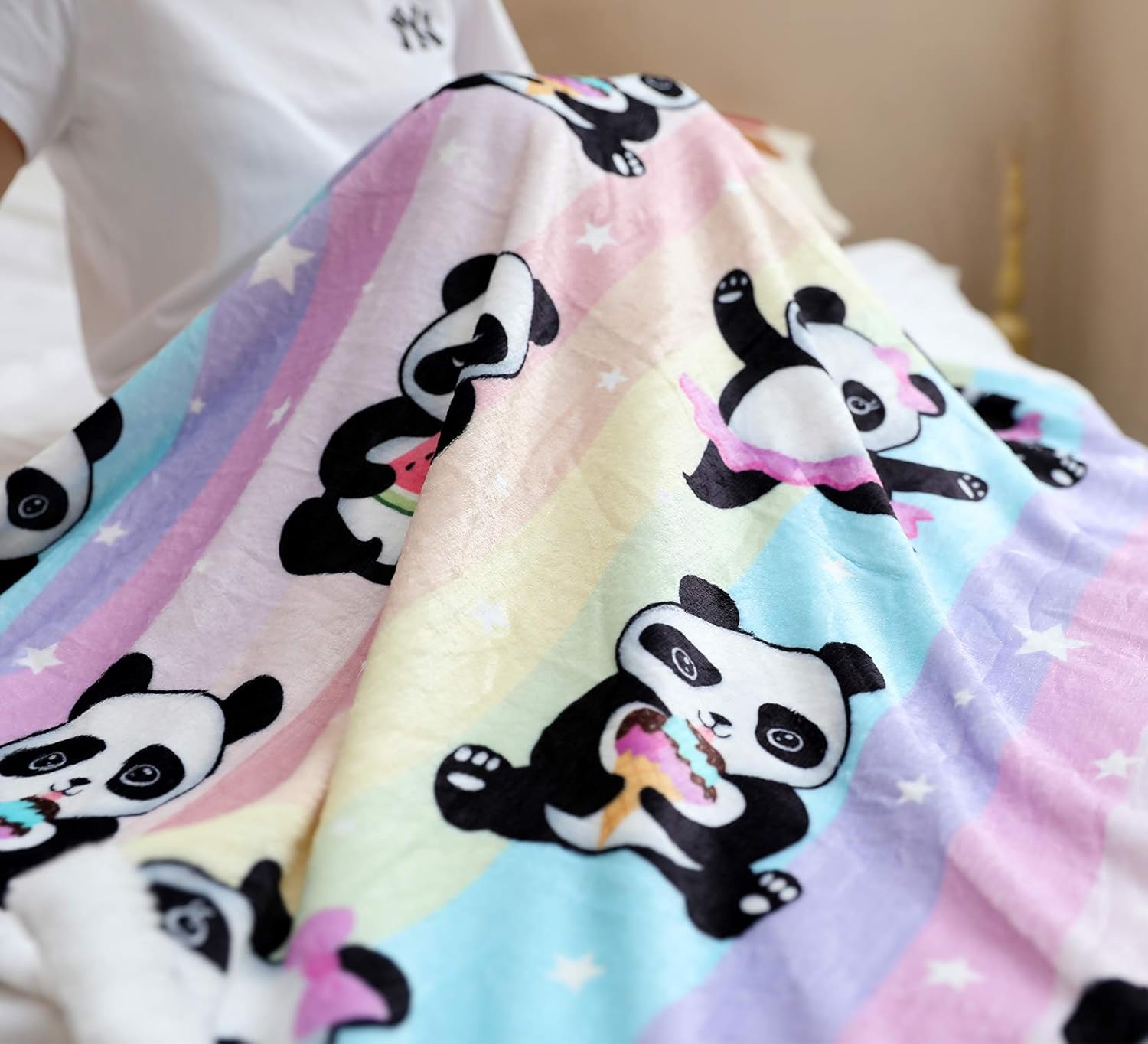 Panda Pattern Flannel Blanket - Super Soft Rainbow Cozy Throw for Girls Kids Teens, Lightweight, Cute Bedding for Home Bedroom Sofa Couch Gift for Pandas Lover (Food Panda, 50x60 Inches) - Image 3