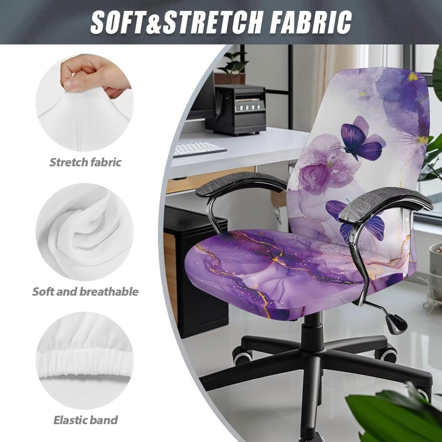 Purple Butterfly Computer Office Chair Cover Universal Rotating Chair Slipcovers Protector Removable Washable Office Chair Covers Nonslip Gamer Chair Protector Office Chair Accessories
