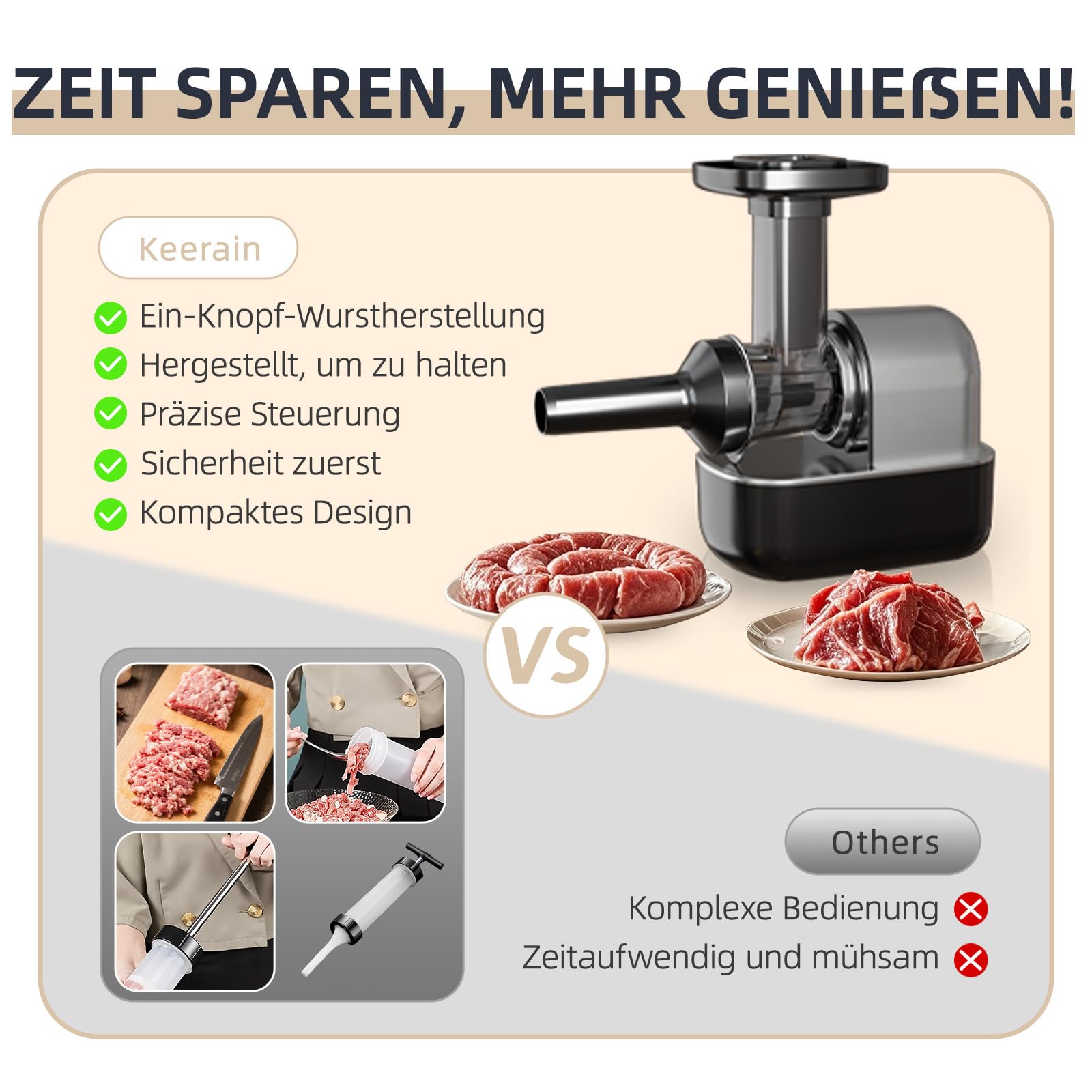 Keerain Embutidor eléctrico para carne y salchichas – Robot de cocina, picadora de carne con accesorios de albóndigas y 3 accesorios para salchichas