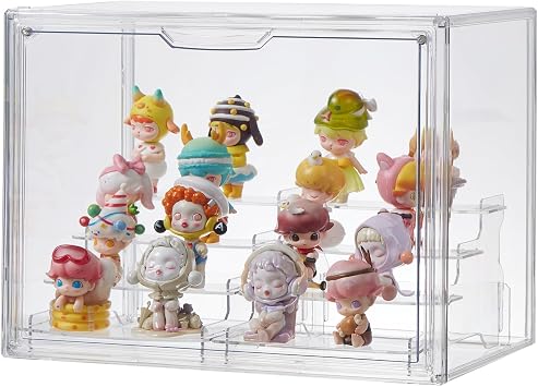4 Tiers Clear Display Case, Plastic Storage Bins with 2 Display Risers and Magnetic Door,Stackable Display Box for Figures Showcase XLarge -4 Tier-1 Pack