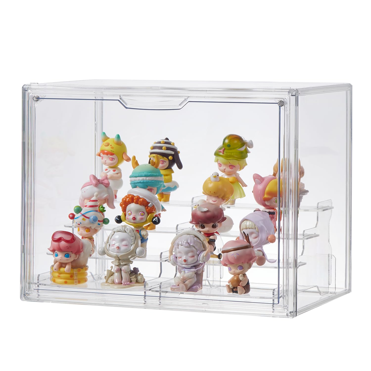 4 Tiers Clear Display Case, Plastic Storage Bins with 2 Display Risers and Magnetic Door,Stackable Display Box for Figures Showcase (XLarge -4 Tier-1 Pack)