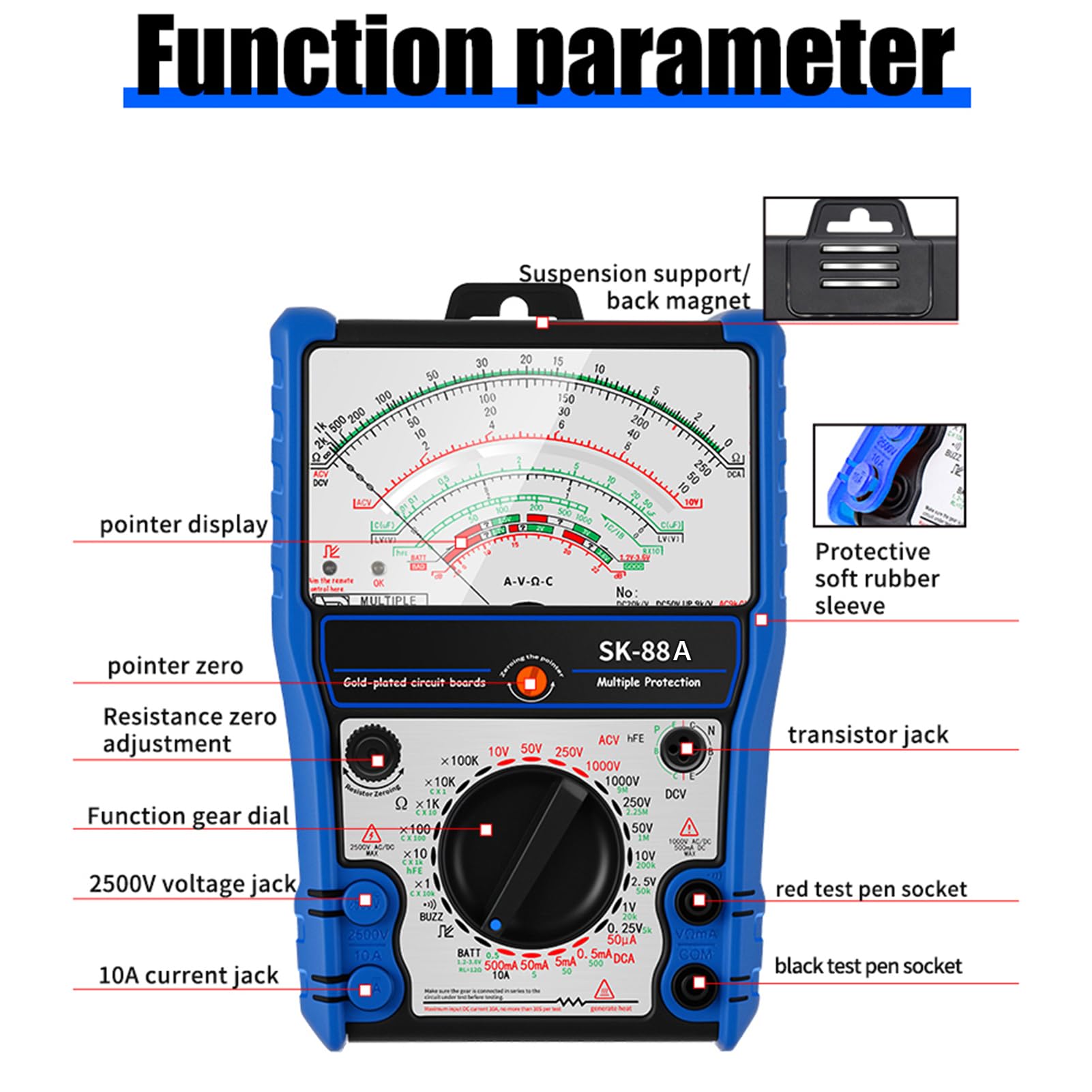 Cocoarm SK88A Multimetro Analogico, Tester con Custodia in Silicone, Supporto e Magnete per Riparazioni Elettrodomestici, Manutenzione Elettrica, Ricerca Scientifica, Lavori Elettrici (SK-88A)