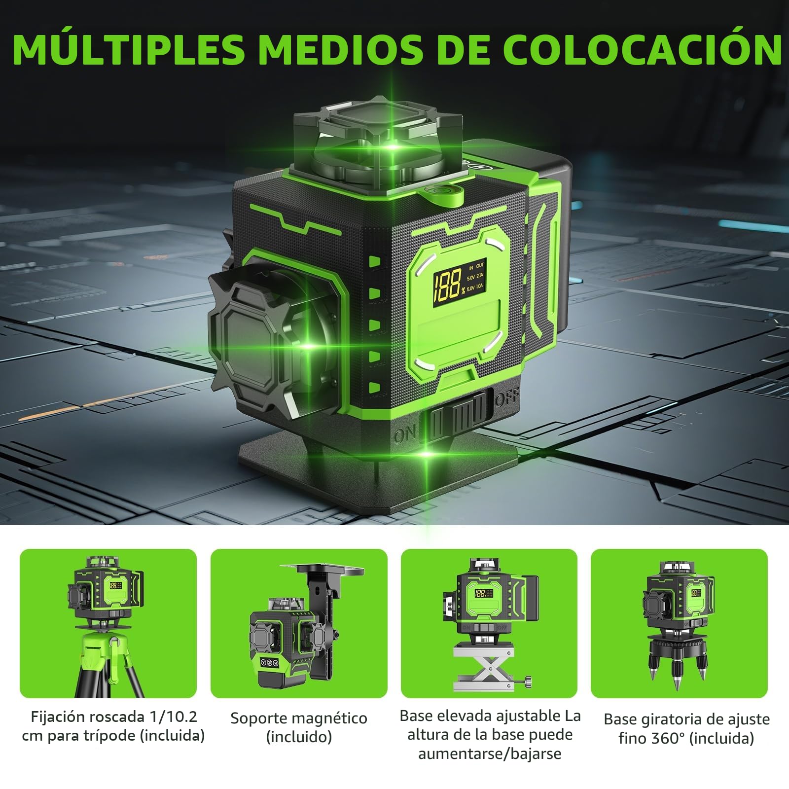 Nivel Laser Autonivelante 360 Grados, Nivel Láser Verde 16 Líneas, 2 x 360 Horizontal y 2 x 360 Verticales, 2 x Batería, Montaje en Pared, Control Remoto, Base Magnética, Soporte Giratorio