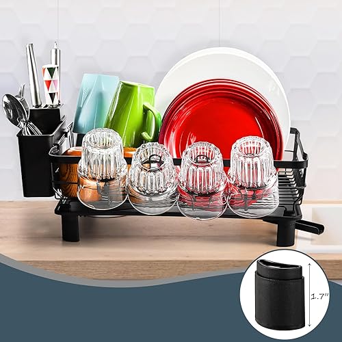 Miniatura 5 de Lyellfe Escurridor de platos, escurridor de platos a prueba de óxido con soporte para tazas de utensilios, escurridor de platos de hierro negro y