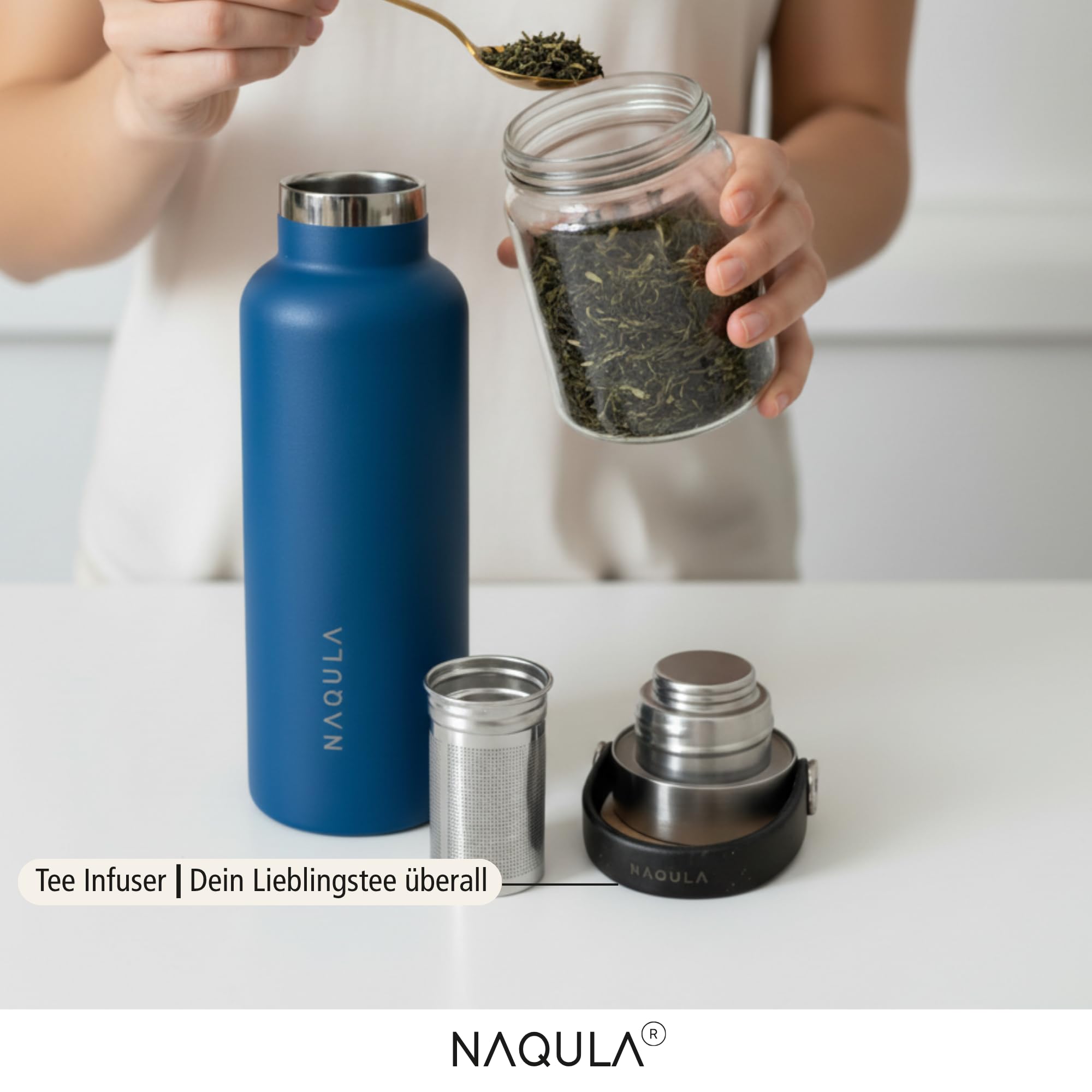 Termo NAQULA con asa y colador extraíble para té o frutas. Botella de acero inoxidable a prueba de fugas, apta para bebidas carbonatadas, termo caliente y frío (negro, 1000 ml)