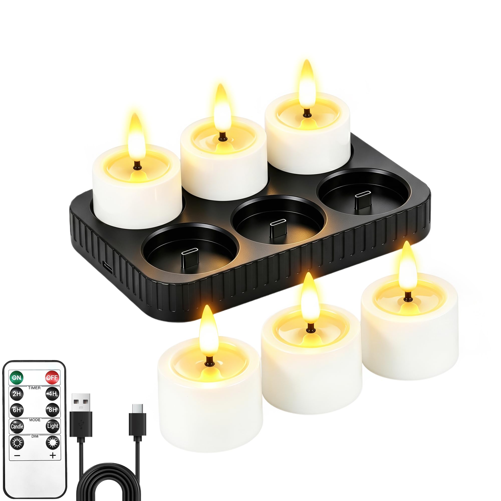 6 Pack Rechargeable Flameless Candles with Charging Base and Remote Timer