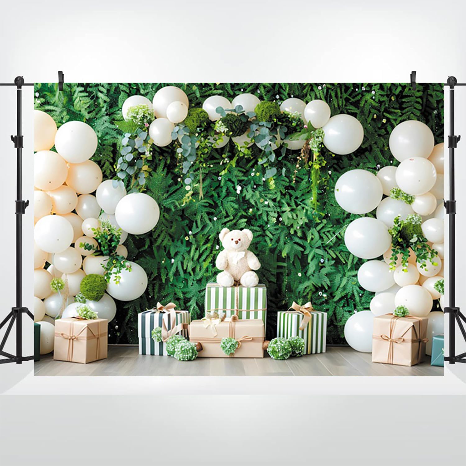 3 x 2,5 m zielone i neutralne tło urodzinowe, Lush Fern Wall Photography Background Cream Balloons Teddy Bear & Striped Gifts Rustic-Chic Party Theme Photo Studio Props