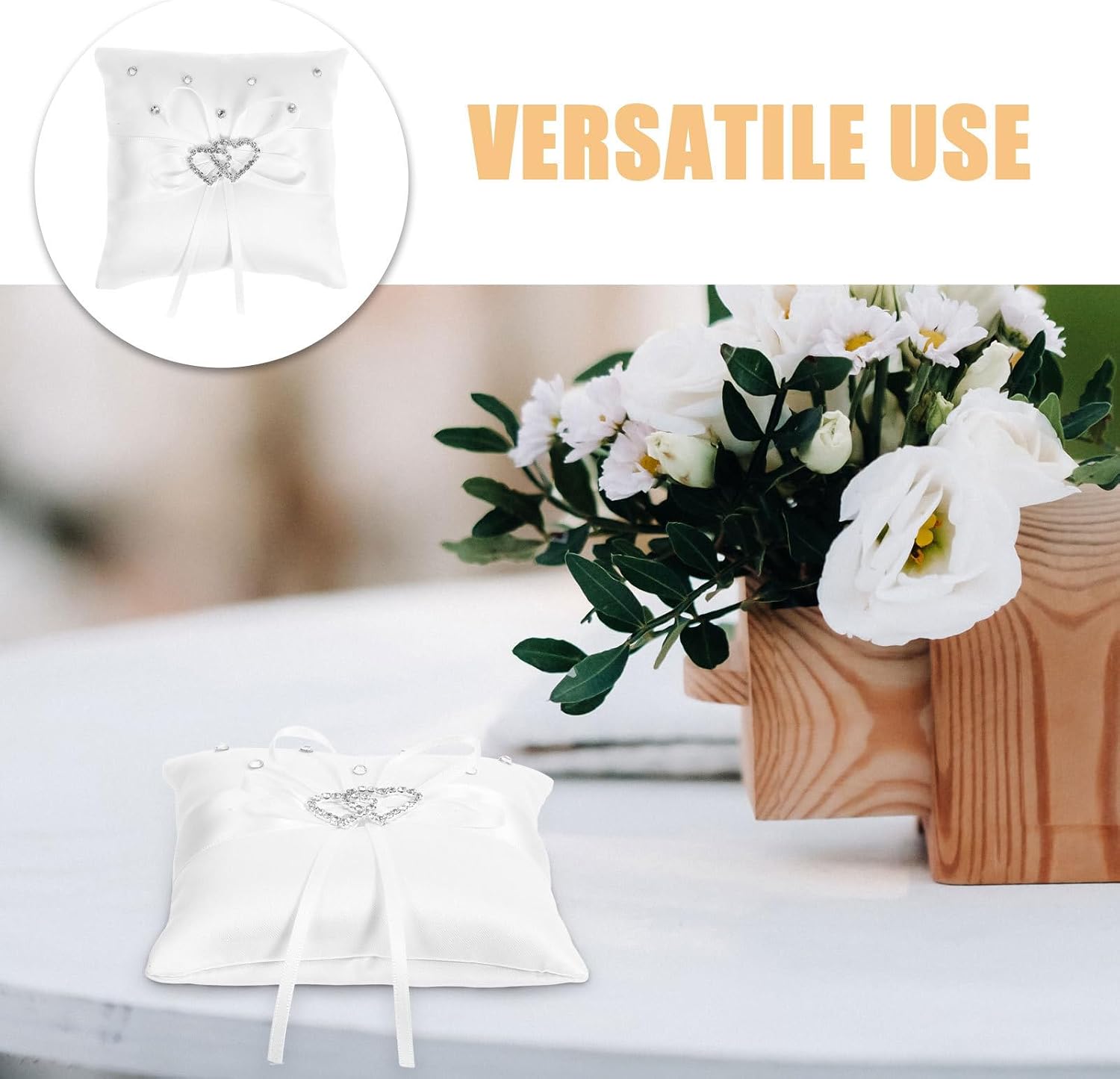 2pcs White Ring Bearer Pillow with Elegant Bow Design and Rhinestones Lightweight Satin Heart-Shaped Wedding Rings Pillow for Wedding Ceremony and Church Decor