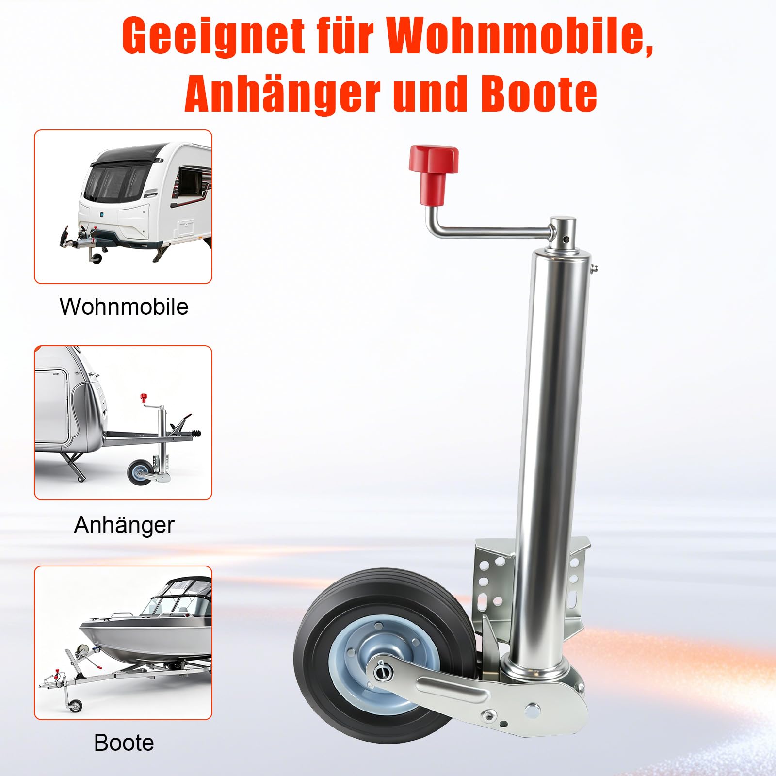 Stützrad für Anhänger mit Kurbel, 500 kg Traglast | Kurbelstützrad höhenverstellbar 245 mm, Deichselstützrad Universal Ersatz für Anhänger Wohnwagen Wohnmobile, Rad 200 x 50 mm