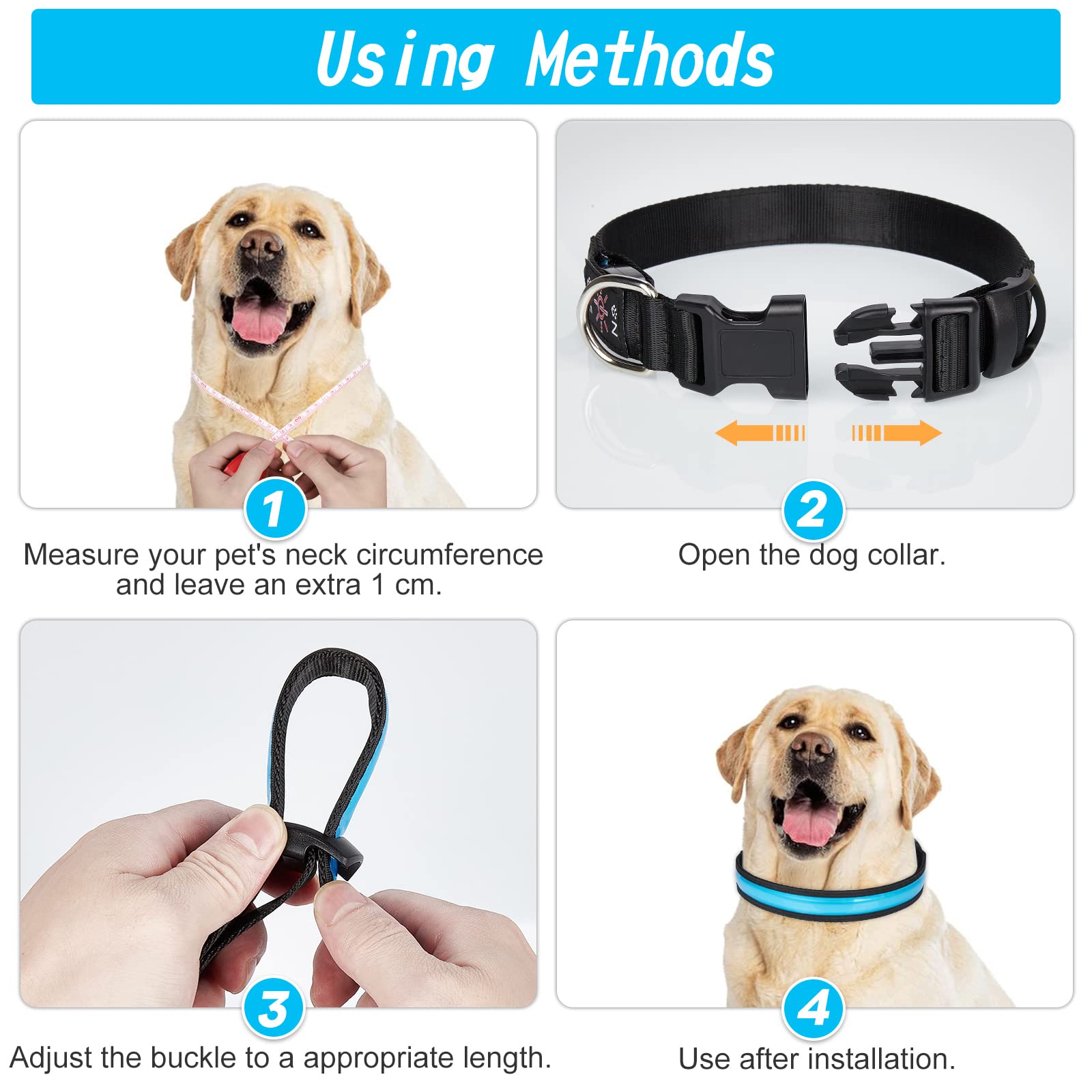 Collier Lumineux Chien Rechargeable par USB Collier LED Réglable avec 3 Modes D'éclairage pour Les Petits Chiens Moyens et Grands Qui Marchent la Nuit en Toute Sécurité - Bleu Clair - M