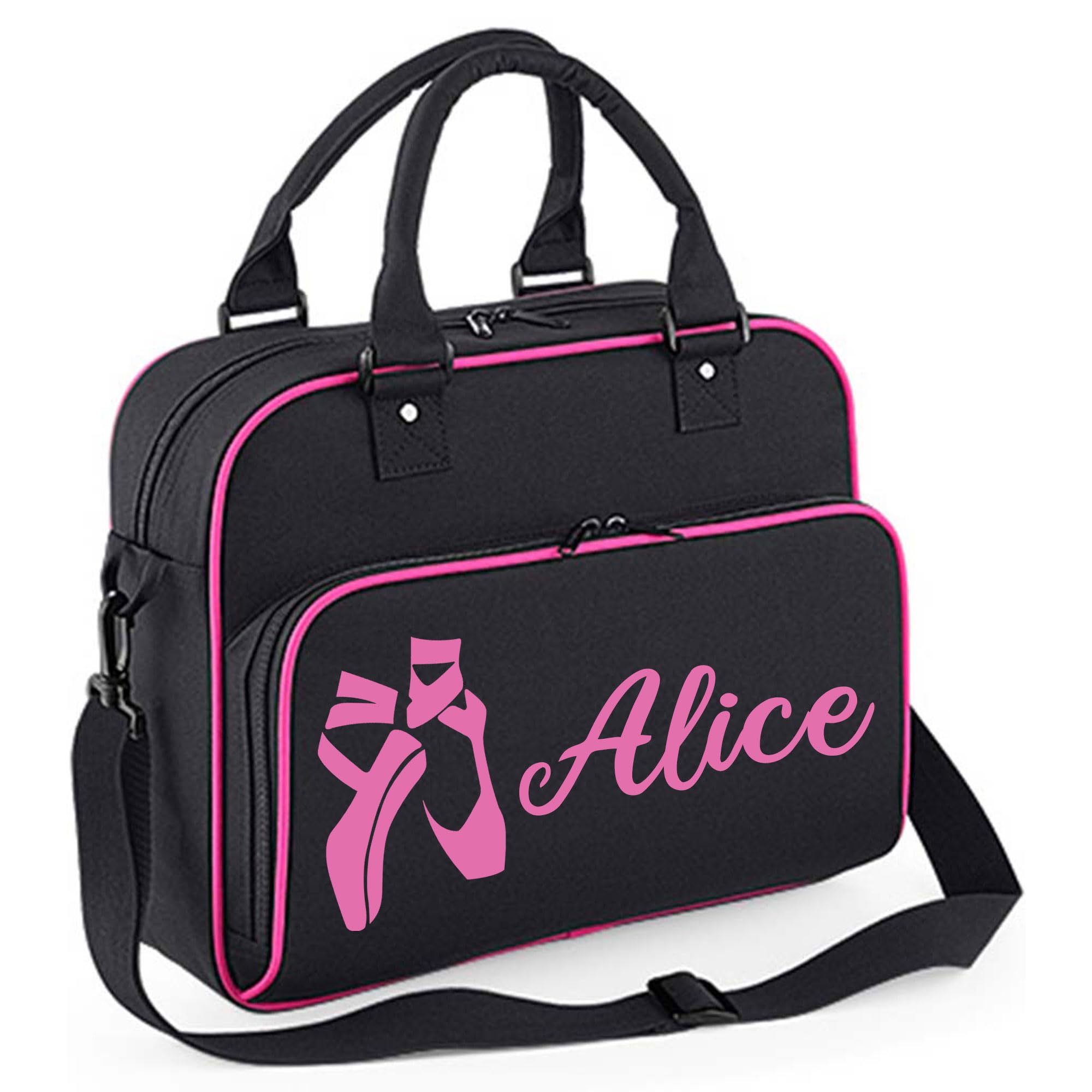 Personalised Girls Dance Bag 15L with Adjustable Strap & Zip Pocket - Ballet Bags with Name - Dancer Gifts (Black/Pink)