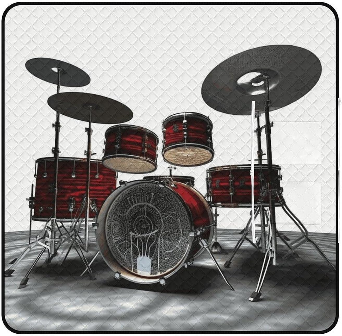 Cool Drum Set Picnic Blanket 200x200cm, Foldable 2-in-1 Picnic Mat and Tote Bag Portable Waterproof Beach Mat Sandproof Outdoor Blanket for Park, Hiking, Beach, Camping, Travel