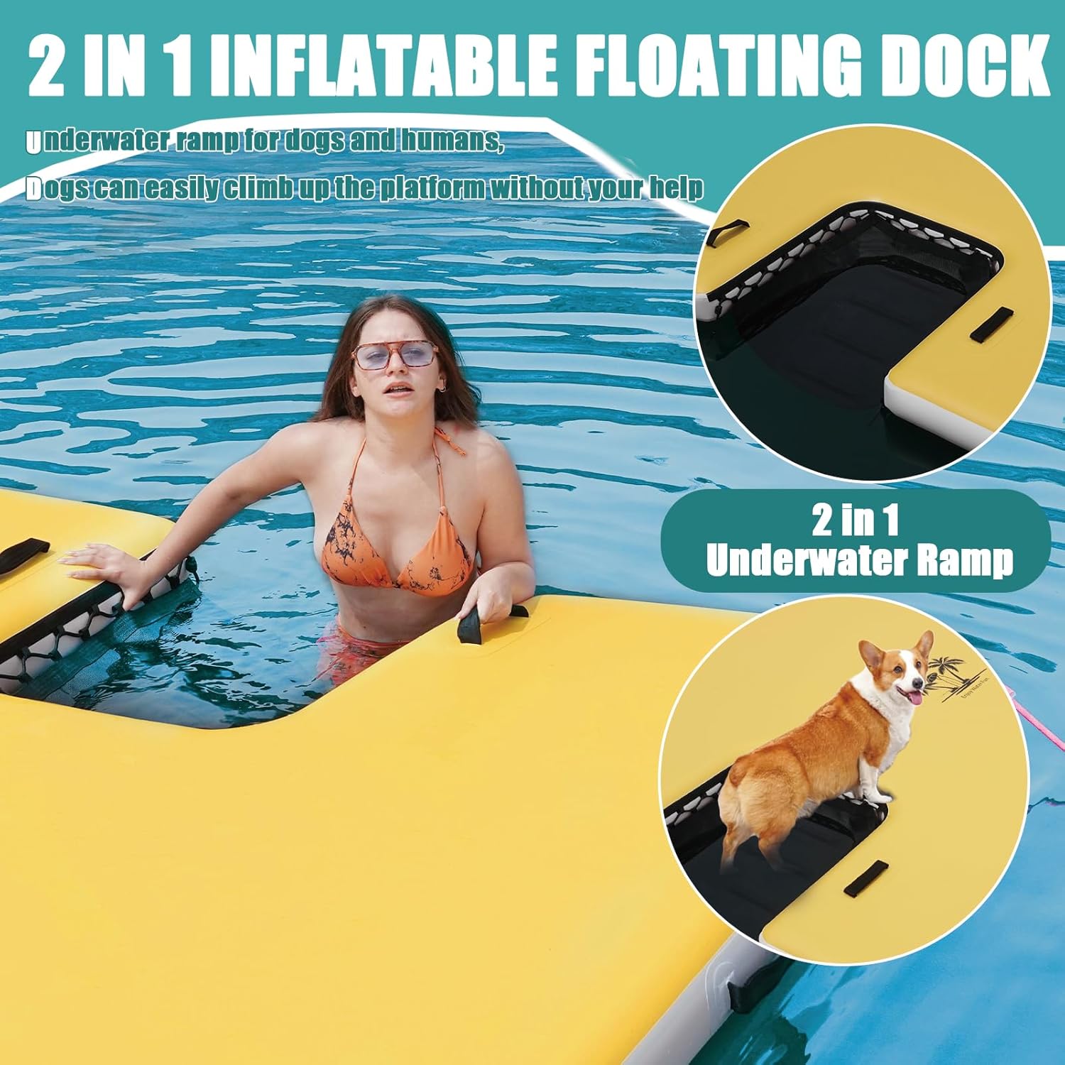 Inflatable Floating Dock, Floating Island Raft with Water Ramp for Dogs, Inflatable Dog Float, Multi-Person Air Dock Platform for Lakes, Pools, and Oceans, 6FT/ 8FT/ 10FT