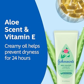 Johnson's Skin Nourish Creamy Oil, Aloe Scent & Vitamin E, Creamy Oil Helps Prevent Dryness & Moisturizes Baby's Delicate Skin for 24 Hours, Hypoallergenic & Non-Greasy, 8 fl. oz