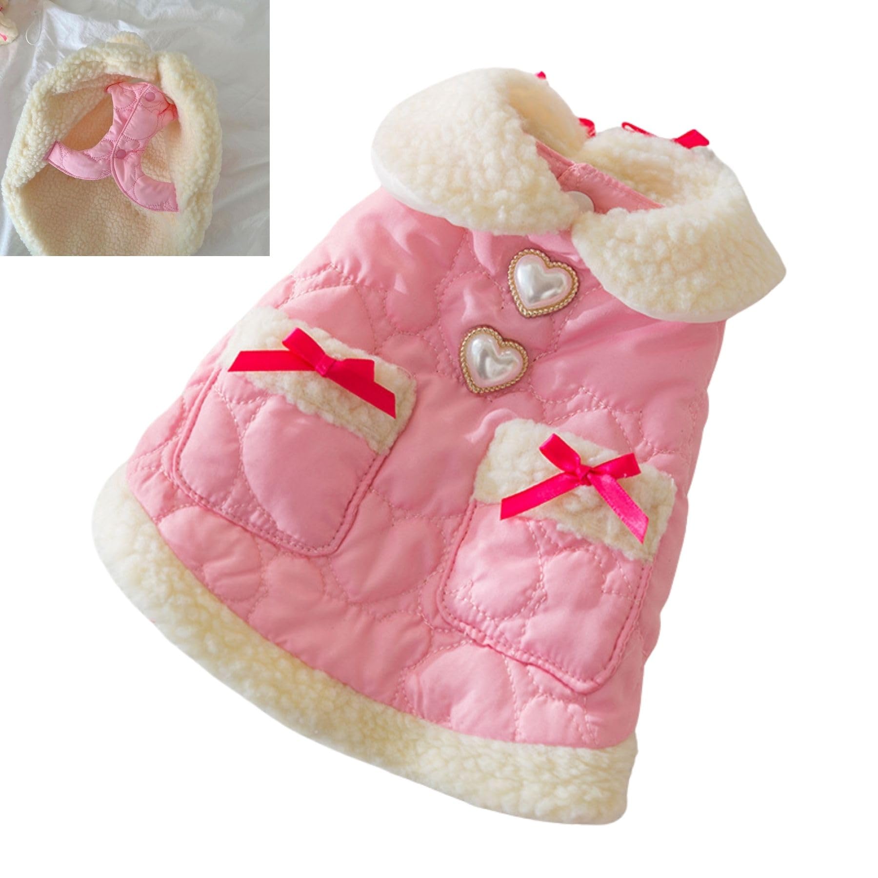 Heart Print Dog Winter Dress with Pearl and Bow Decoration Puppy Dress for Small Dogs Pet Coat Dog Christmas Outfit