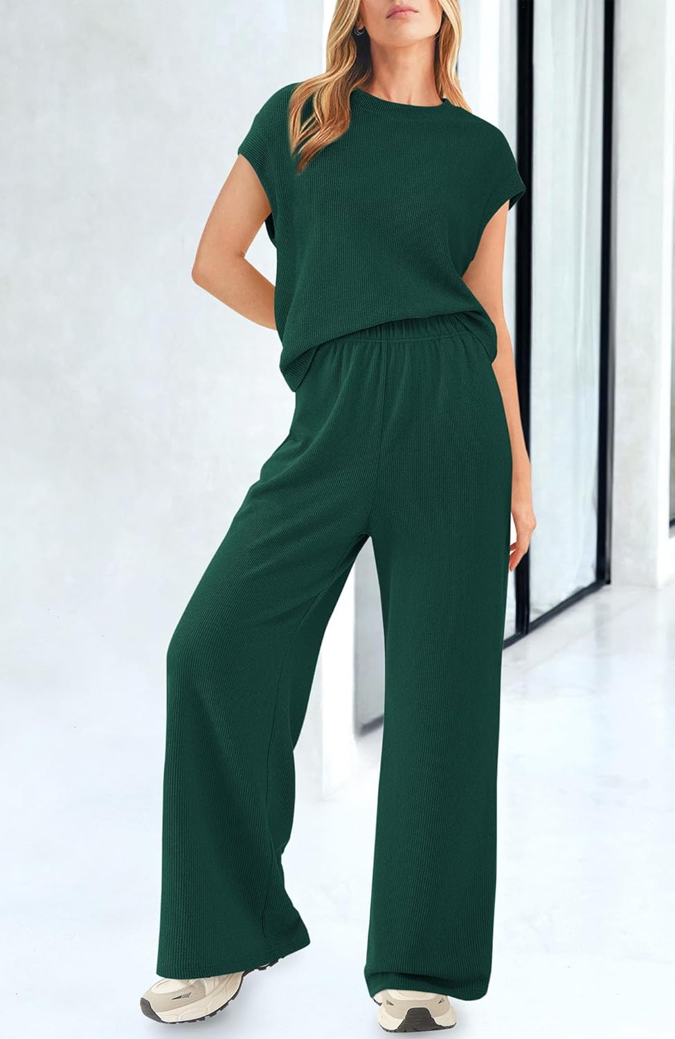 BTFBM Women Two Piece Outfits Summer Short Sleeve Knit Tops Wide Leg Pants Lounge Matching Sets Sweatsuit Airport - Image 4
