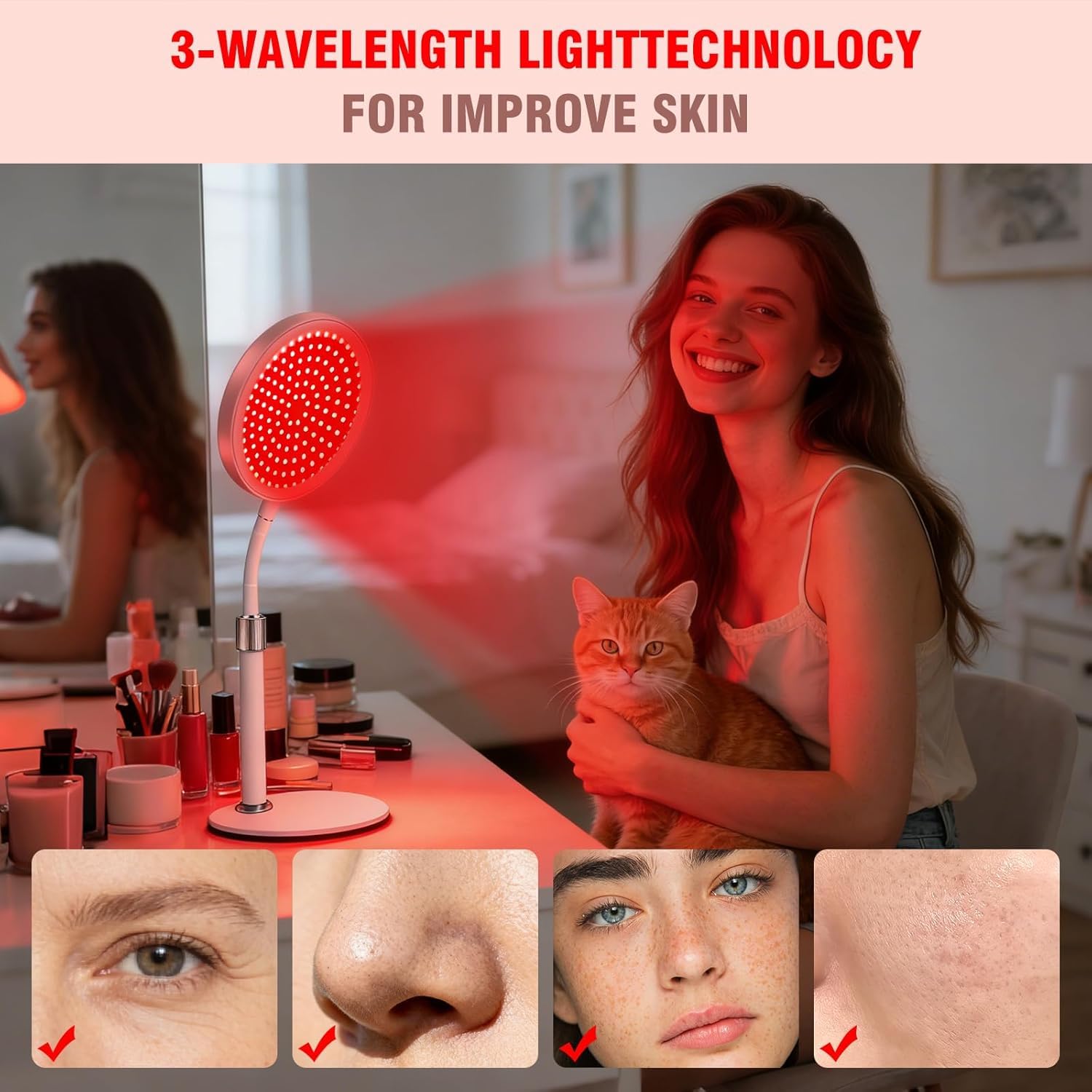 Lámpara de luz roja 9 ajustes de brillo 940 nm y 850 nm y 660 nm 3 en 1 chips de luz infrarroja con base temporizador de 15/30/45 minutos, diseño de cuello de cisne flexible, 100 luces rojas