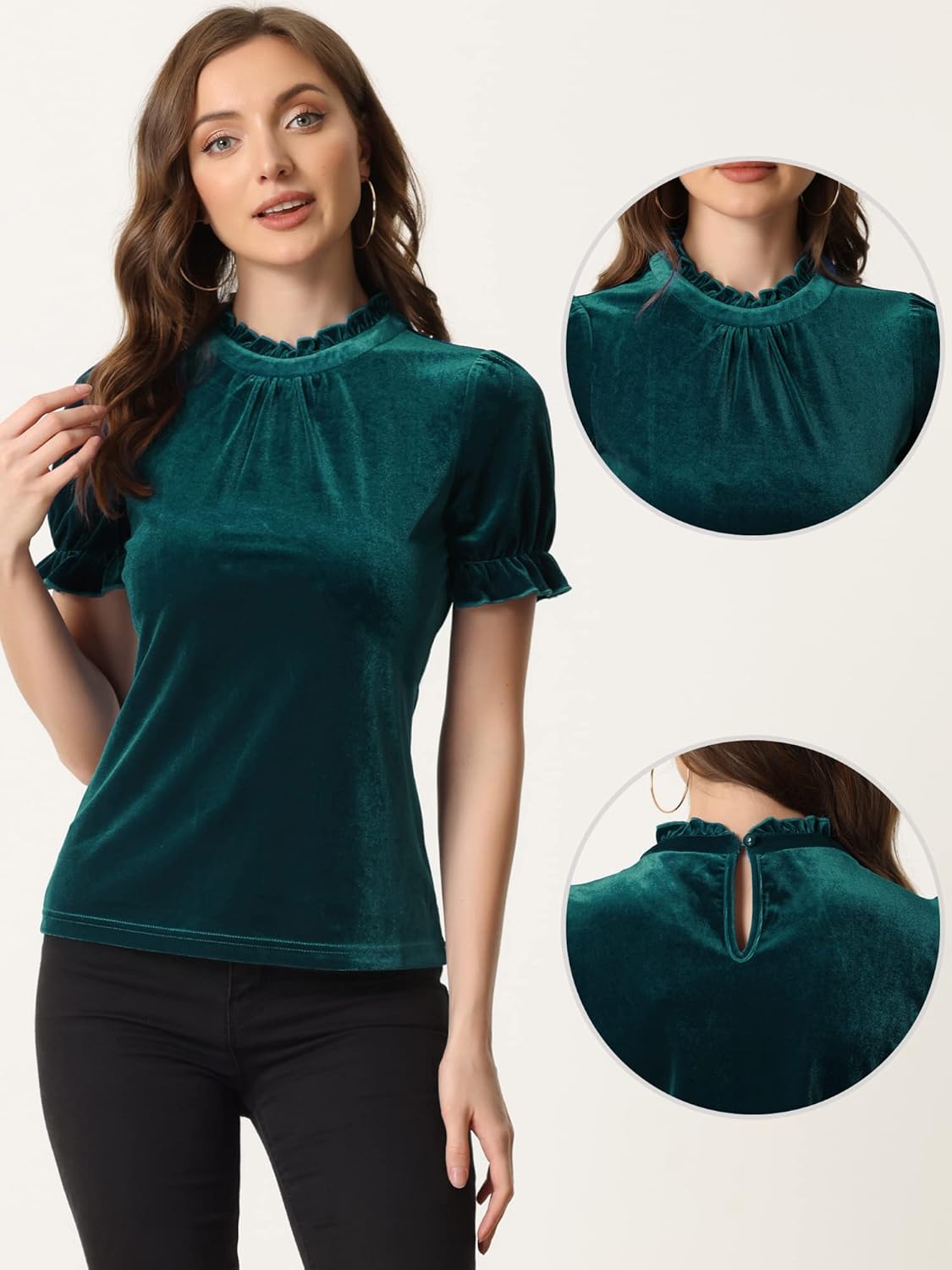 Allegra K Halloween Ruffle Collar Shirt for Women's Short Sleeve Casual Velvet Tops Blouse - Image 2