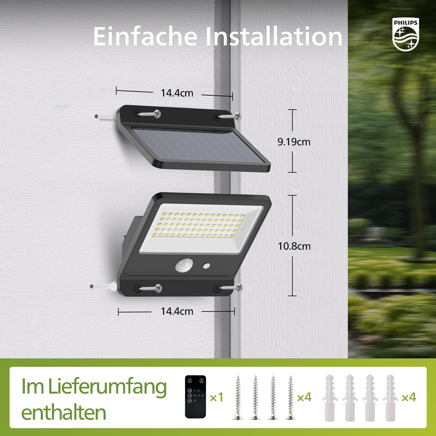 Philips Solarlampen für Außen 6500K LED, Solarbetriebener Fluter mit PIR-Bewegungsmelder, Fernbedienung mit 5m Kabel, IP65 Wasserdicht, 3 Modi (2 Stück)