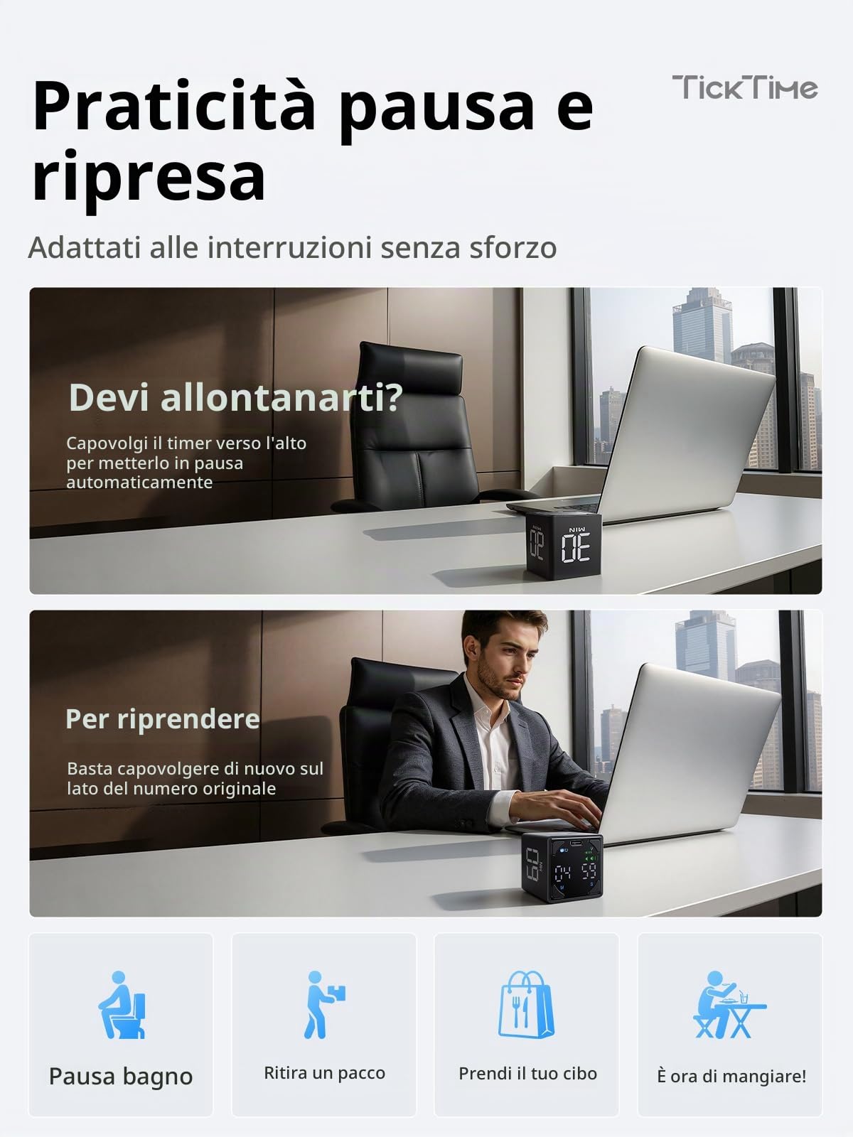 Ticktime T4 Pomodoro Timer Per Studio, Lavoro, Attività, ADHD, Cucina | Timer Pomodoro, Flip 5/25/30/60 min Countdown, Timer e Cronometro, 3 Opzioni Avviso, Display Chiaro, Flip Pausa & Riprendi