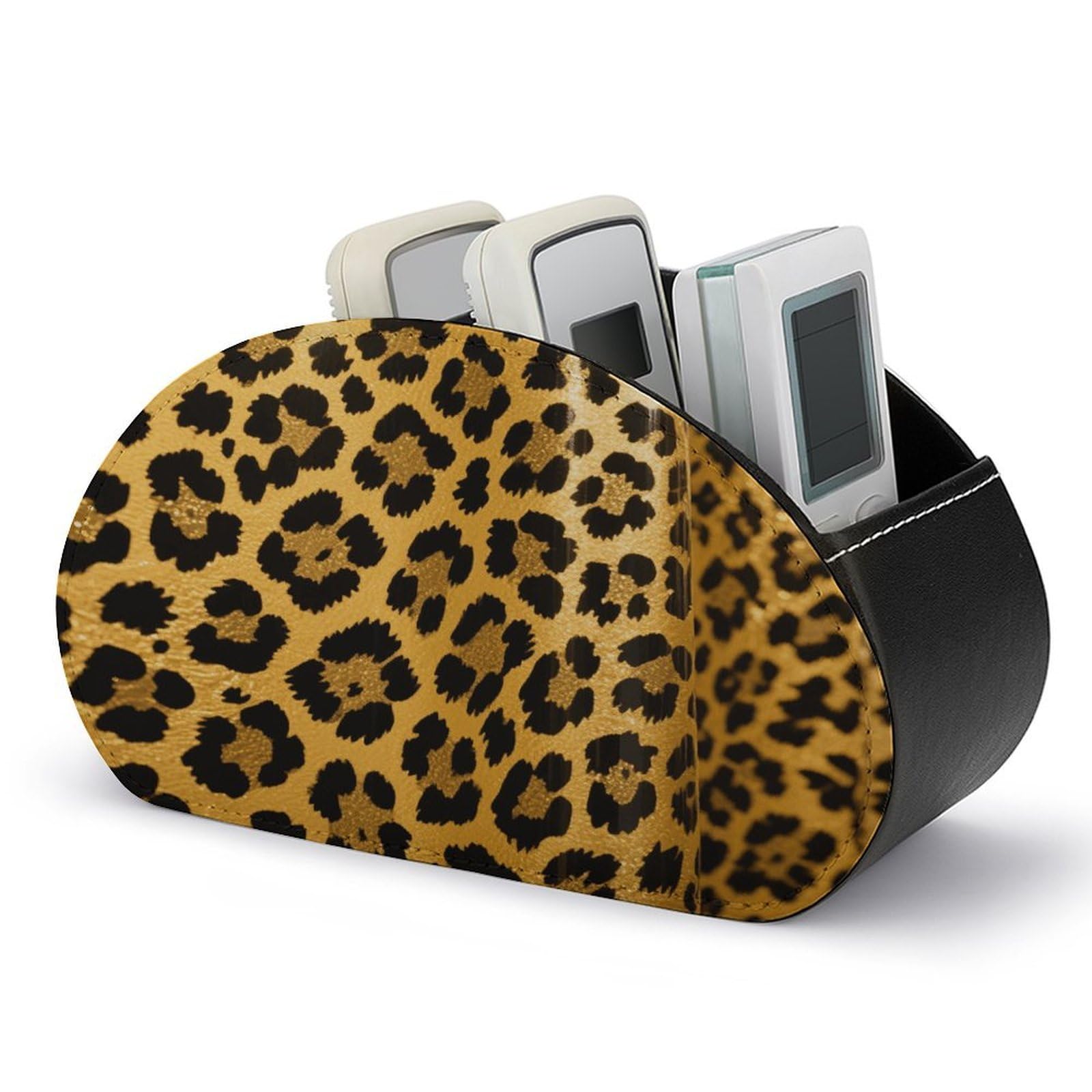 VstaDank Leopard Print Remote Control Holder with 5 Compartments PU Leather Remote Caddy Desktop Organizer Store TV Remote Control Storage Box for Home Office Desk Nightstand