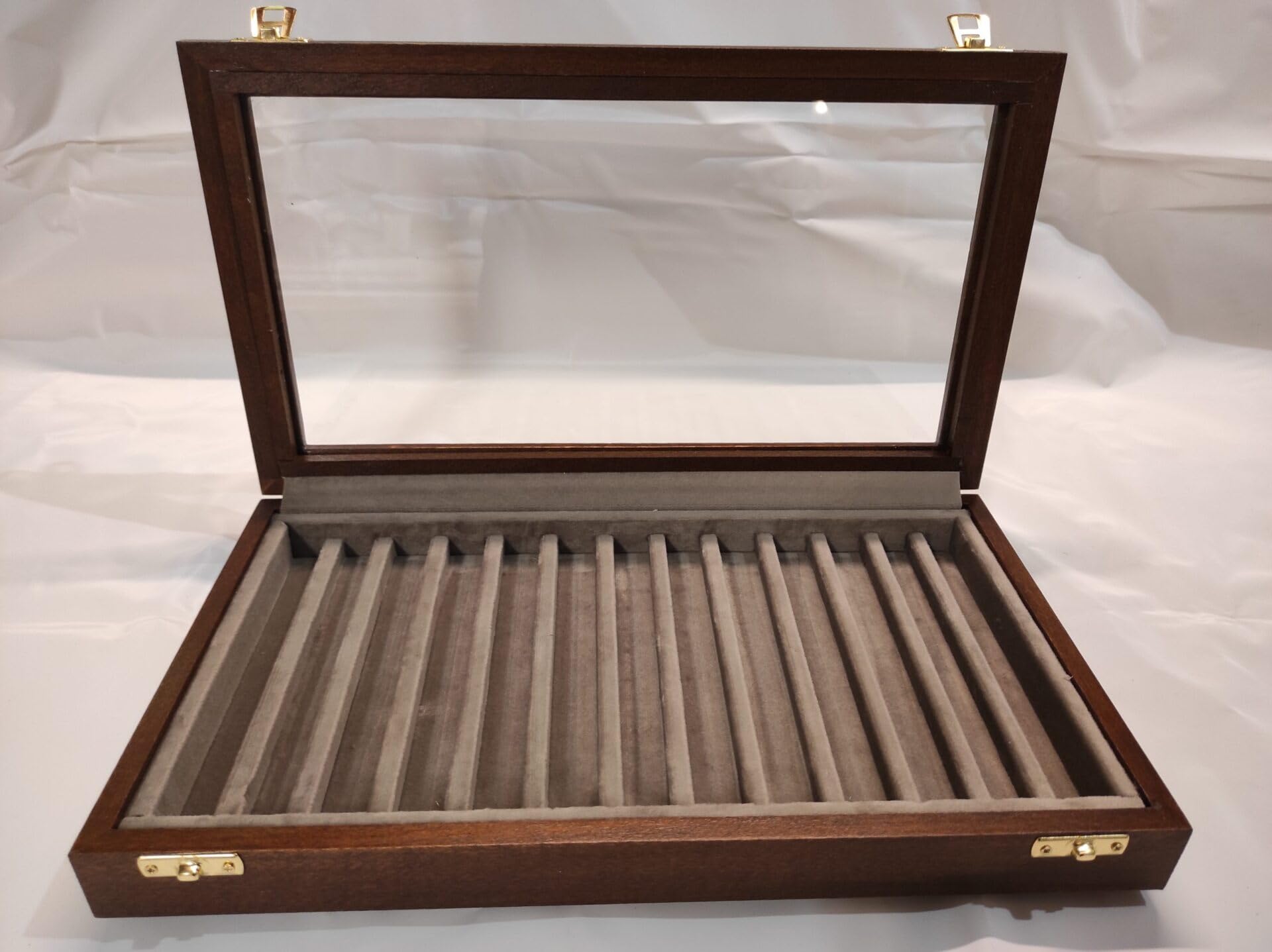 Coins&More Vetrina Espositore per Penne in Legno e Velluto con Coperchio in Vetro, Cofanetto Porta Penne da Collezione Artigianale per 13 Penne Stilografiche