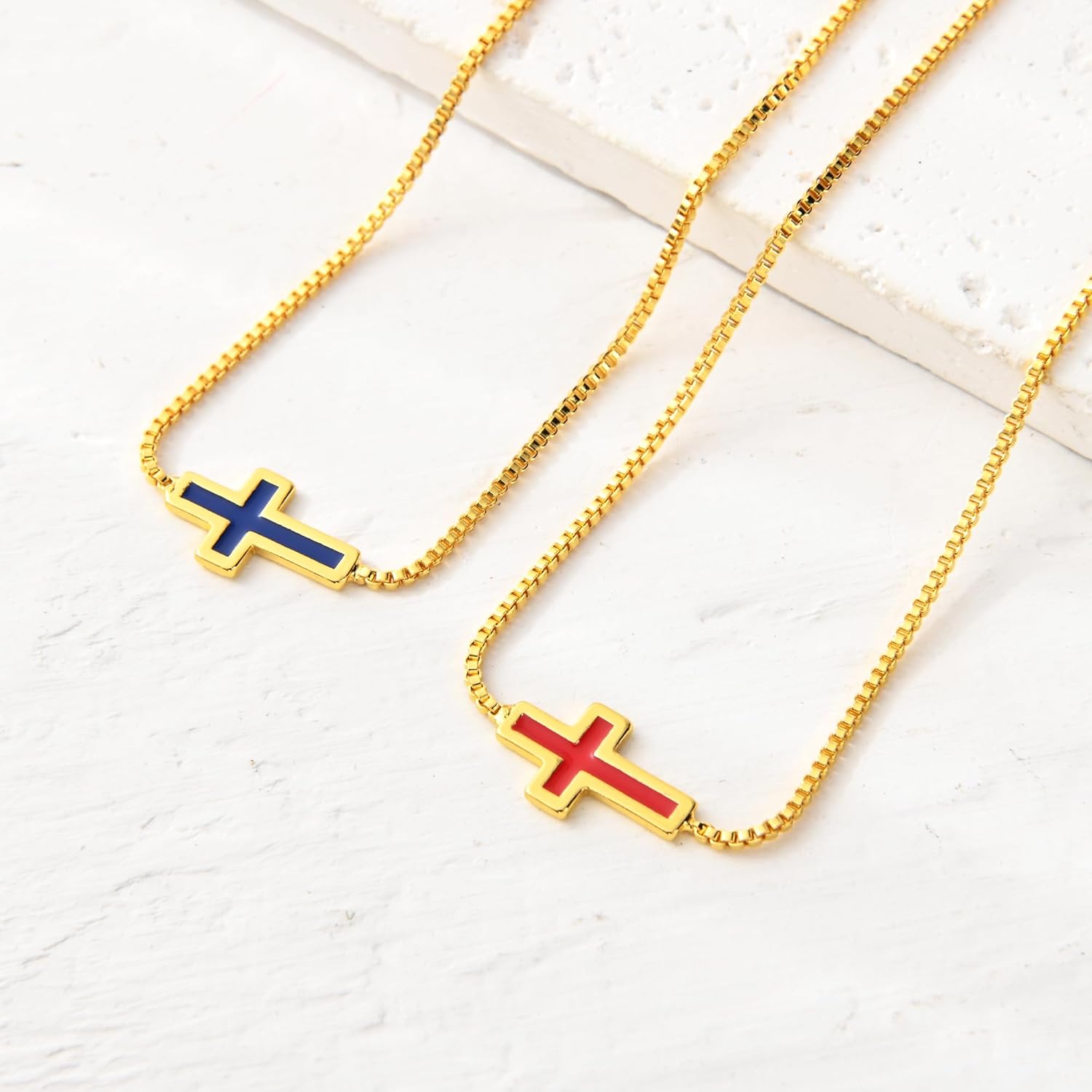 Two pieces Gold Cross Necklace Set, Box Chain, Red and Blue Enamel, 2 Piece Religious Jewelry,for gift box - Image 6