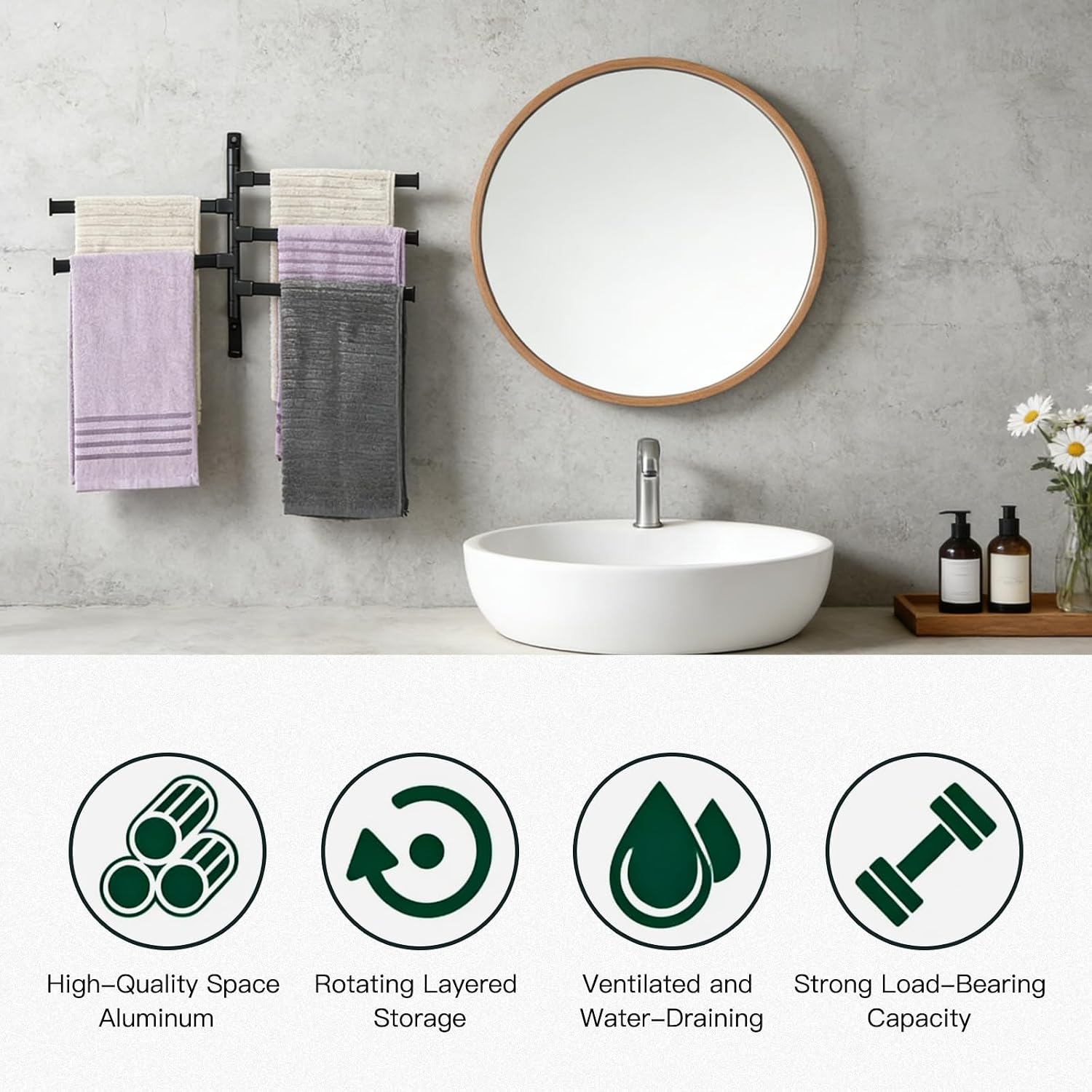 Swivel Towel Rack, Wall Mounted,5 Arm Bath Towel Holder, Space Saving Organizer for Bathroom, Kitchen Poolside, Matte Black
