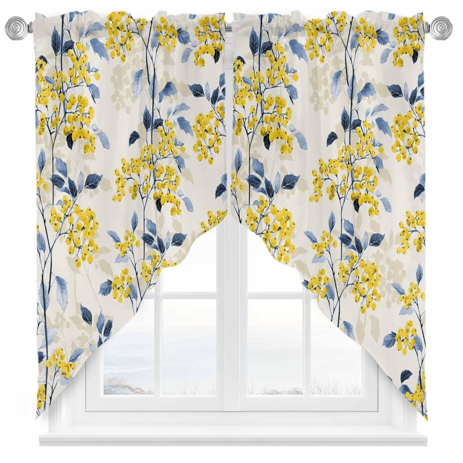W1naFun Vintage Floral Plant Swag Valances for Windows Rod Pocket Kitchen Window Curtains Over Sink, Yellow Blue Kitchen Curtains Sets, Swag Curtains