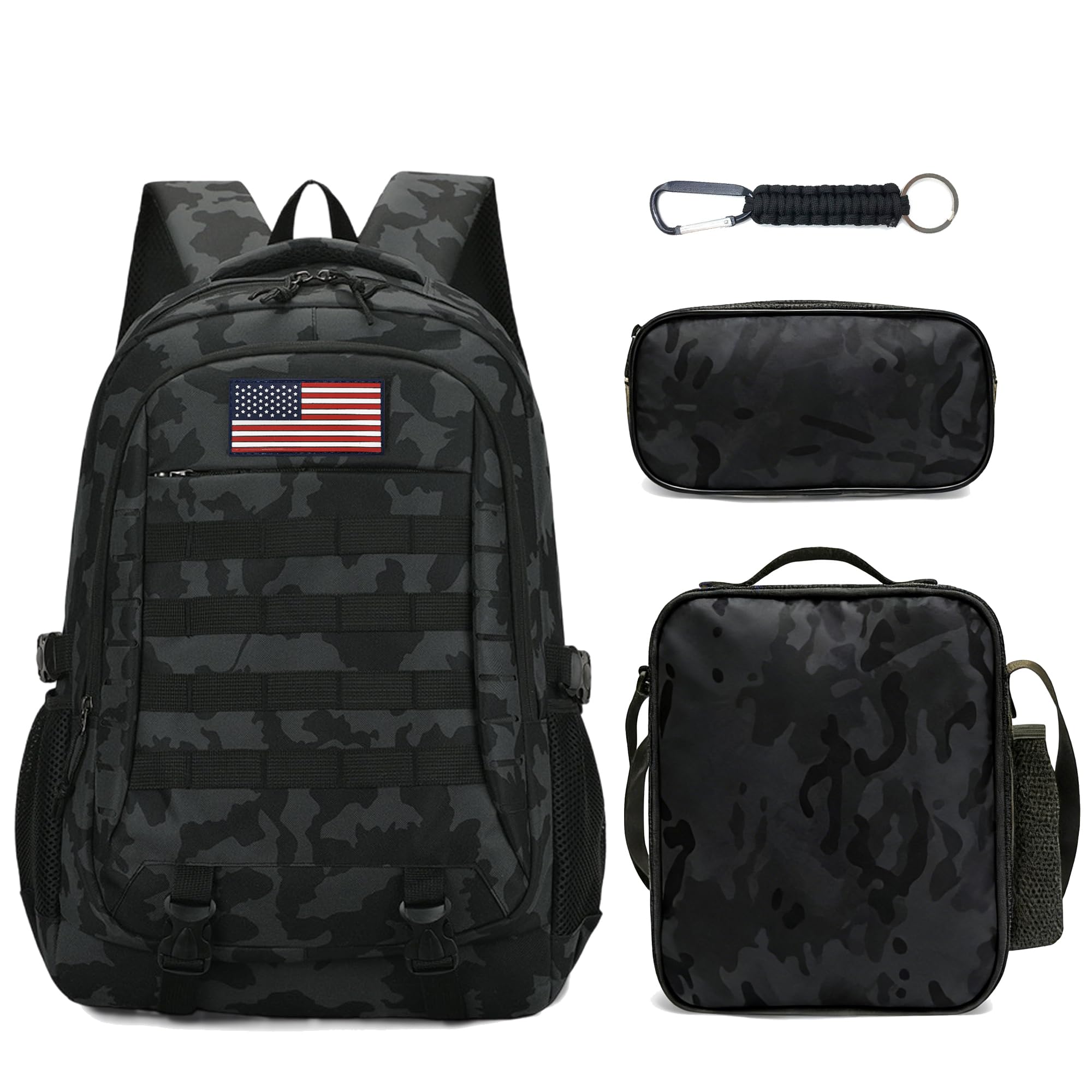 Camo Backpack for Boys 3 in 1 Set, 19 Inch 55L Tactical Bookbag with Lunch Box Pencil Case, Molle School Backpack for Kids Teens, Daily School Commute Outdoor Camping for Elementary Middle High School