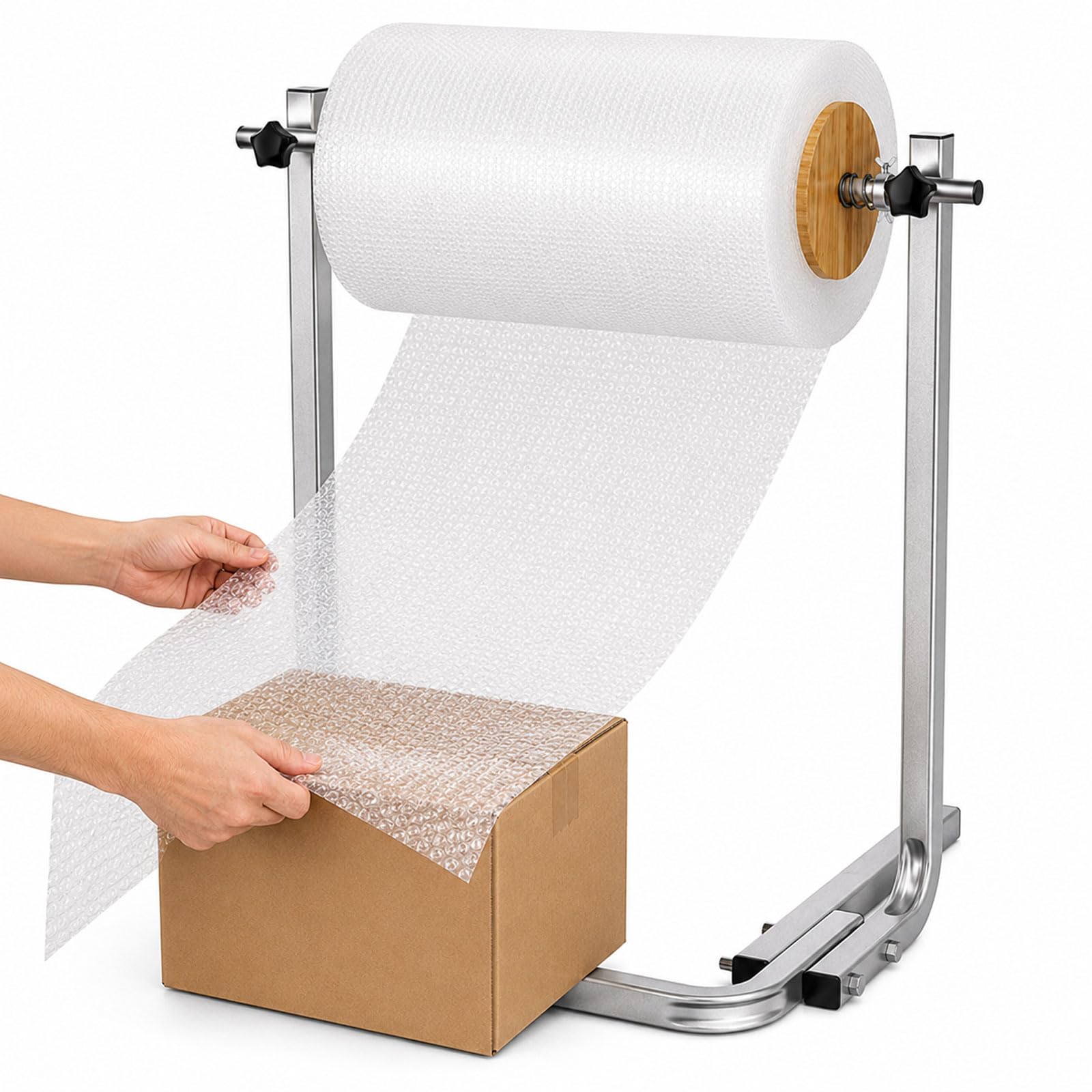 Distributore di Pluriball da Pavimento in Acciaio Zincato, 70 Cm di Altezza, Supporto Rotolo Imballaggio con Guide Laterali in Legno & Manopole A Cambio Rapido per Magazzino, 30cm