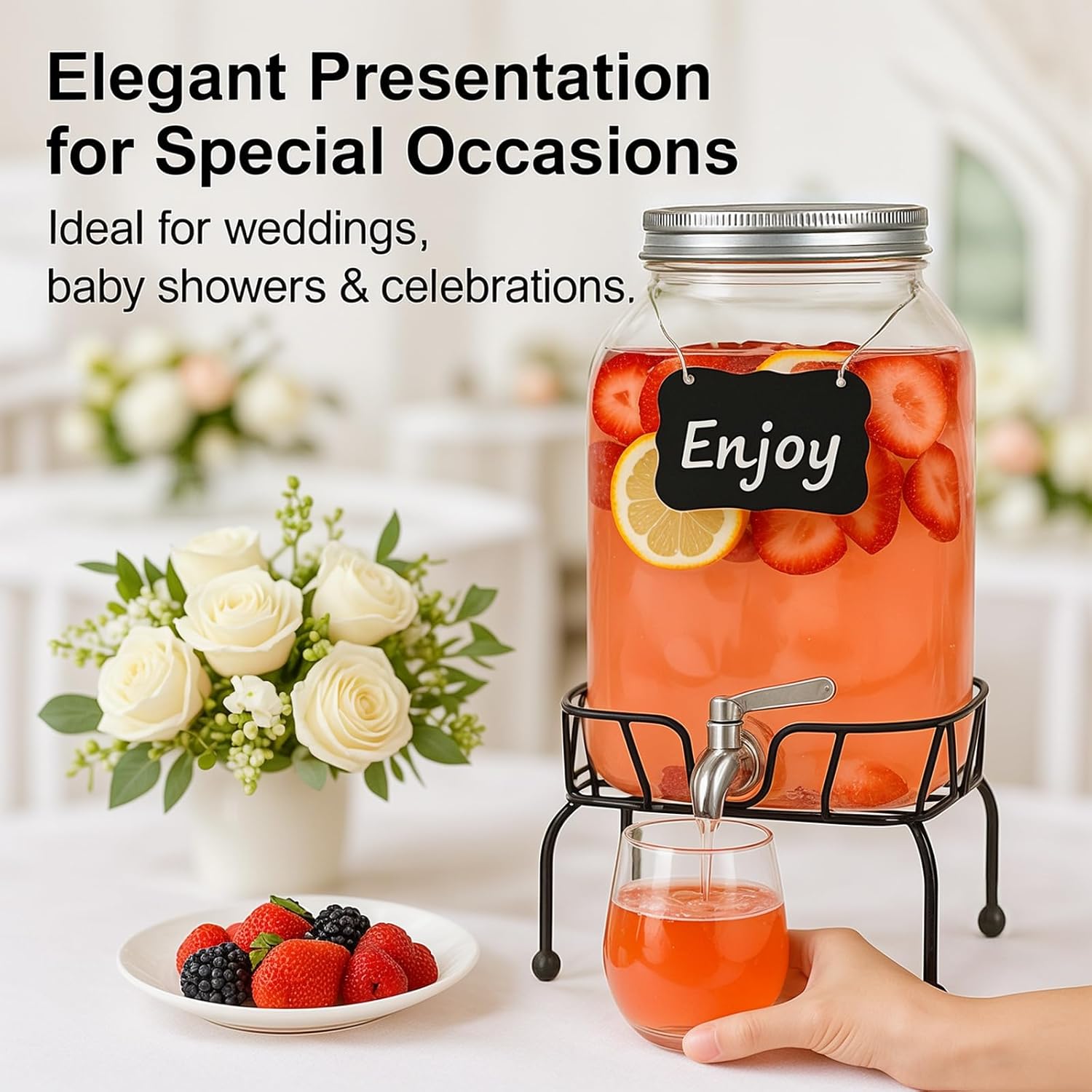 2 Gallon Glass Drink Dispenser with Stand, Ice Cylinder,Stainless Steel Leakproof Spigot and Lid,Glass Beverage Dispenser for Parties,Mason Jar Drink Dispenser for Juice,Sun Tea,Water,Lemonade & More - Image 6