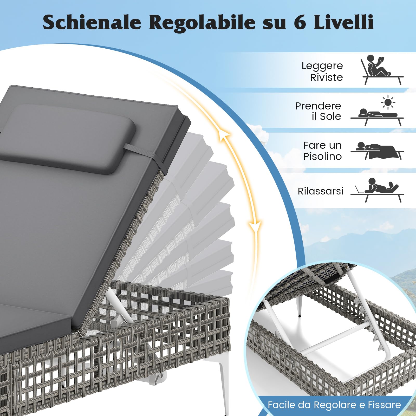 COSTWAY Sdraio Giardino Rattan, Lettino Prendisole con Schienale Regolabile 6 Livelli, Cuscino e Poggiatesta Removibili Incluso, Portata 180 kg, Ideale per Piscina e Terrazza