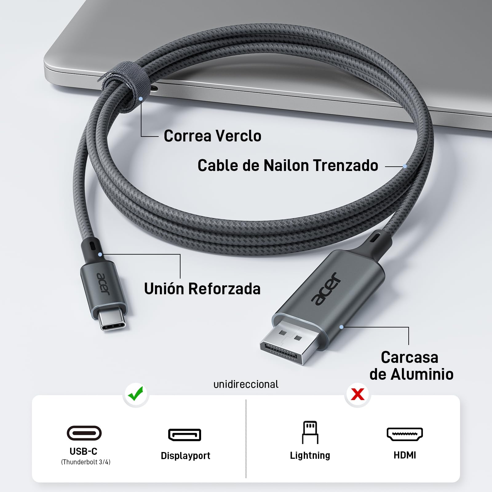 Acer Cable USB C a DisplayPort 4K@60Hz & 2K@165Hz, DP 1.2 Thunderbolt 3/4 Cable, Carcasa de Aluminio, Compatible con iPhone 15/16 Pro Max, iPad Pro, MacBook Air/Pro, iMac, Surface, Dell XPS, 2 Metros