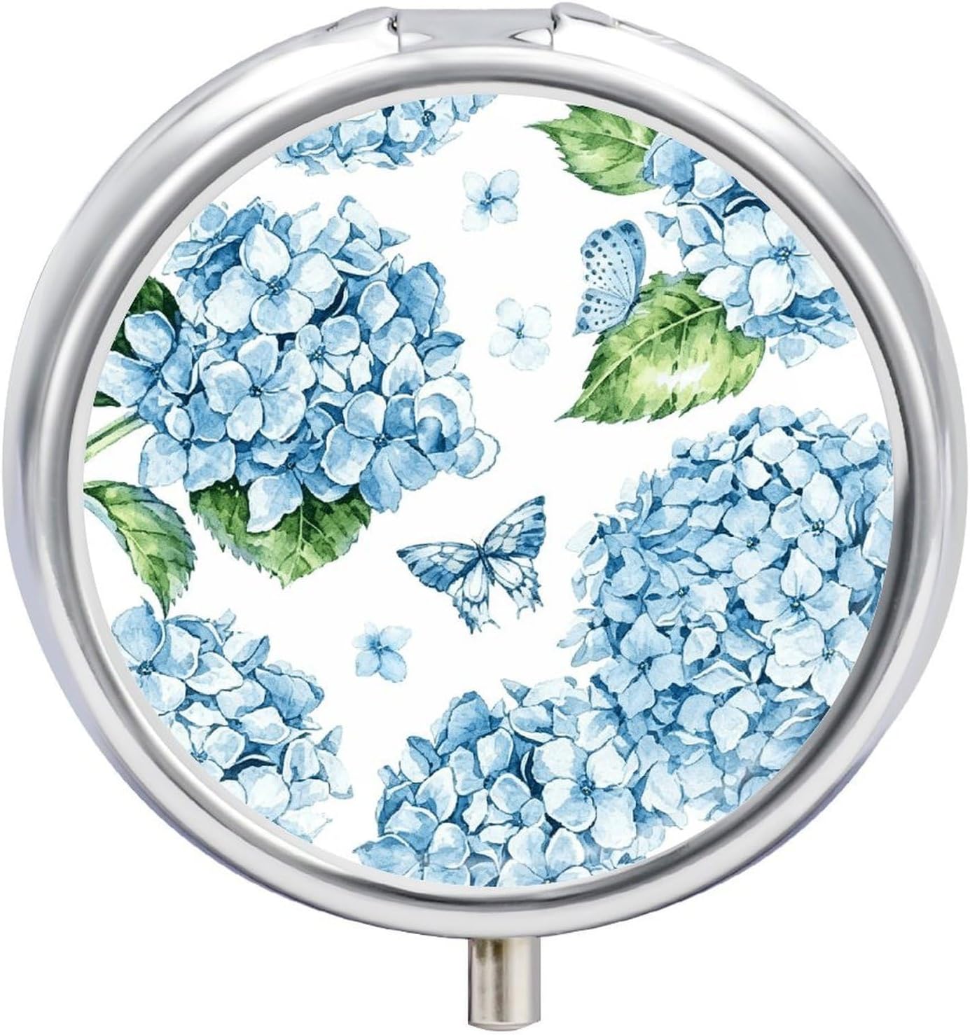 Blue Hydrangea Round Pill Box with 3 Compartments & Mirror