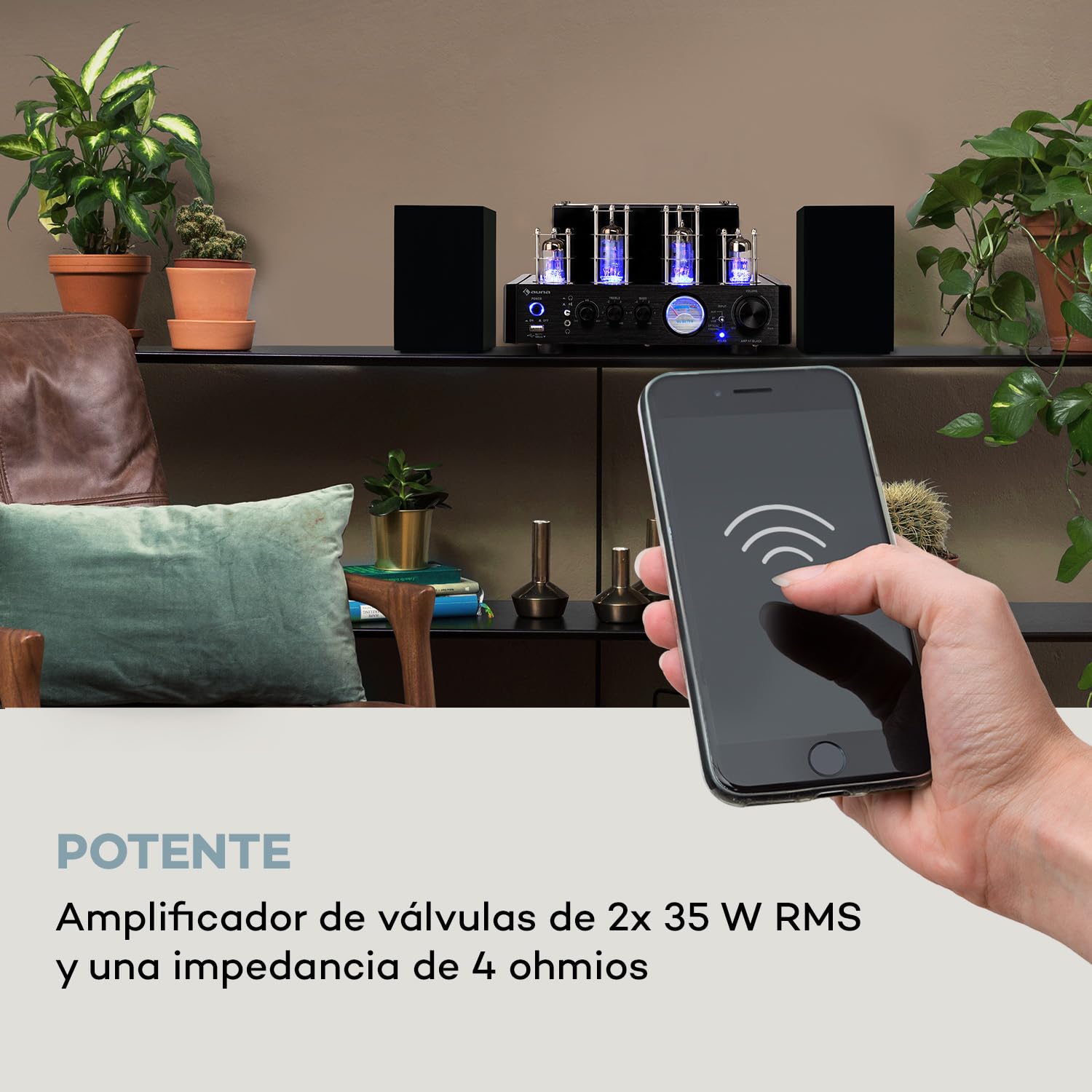 Auna Amp VT Amplificador válvulas, 2x35W RMS, preamplificador hifi BT Opt/Coax/AUX-In, preamplificador estéreo, negro