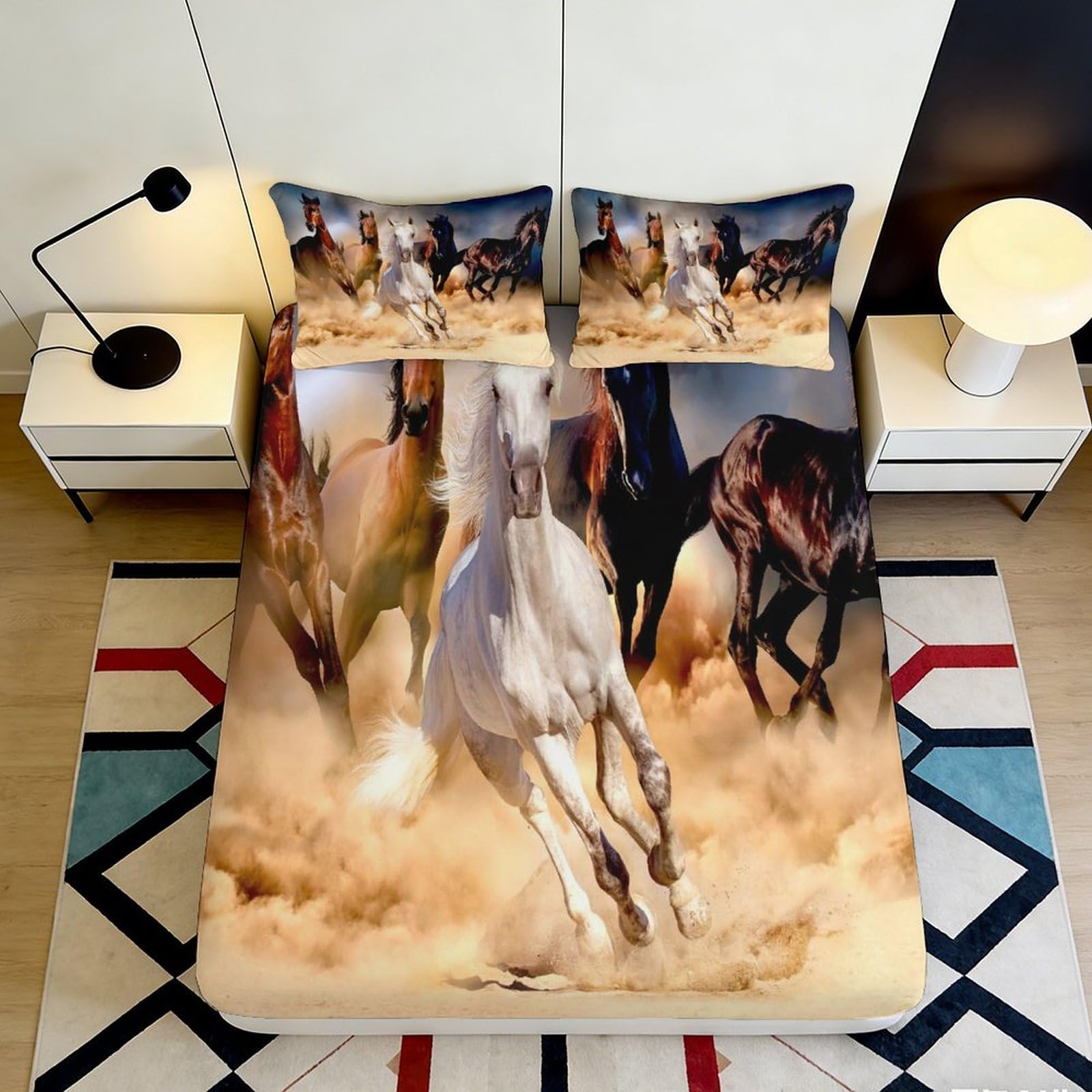 3D Printed Running Horses Fitted Sheet Microfiber Soft Durable Wild Horses Bed Cover for Bedroom Dormitory Guest Room Mattress Protection Decor 120x200x25cm