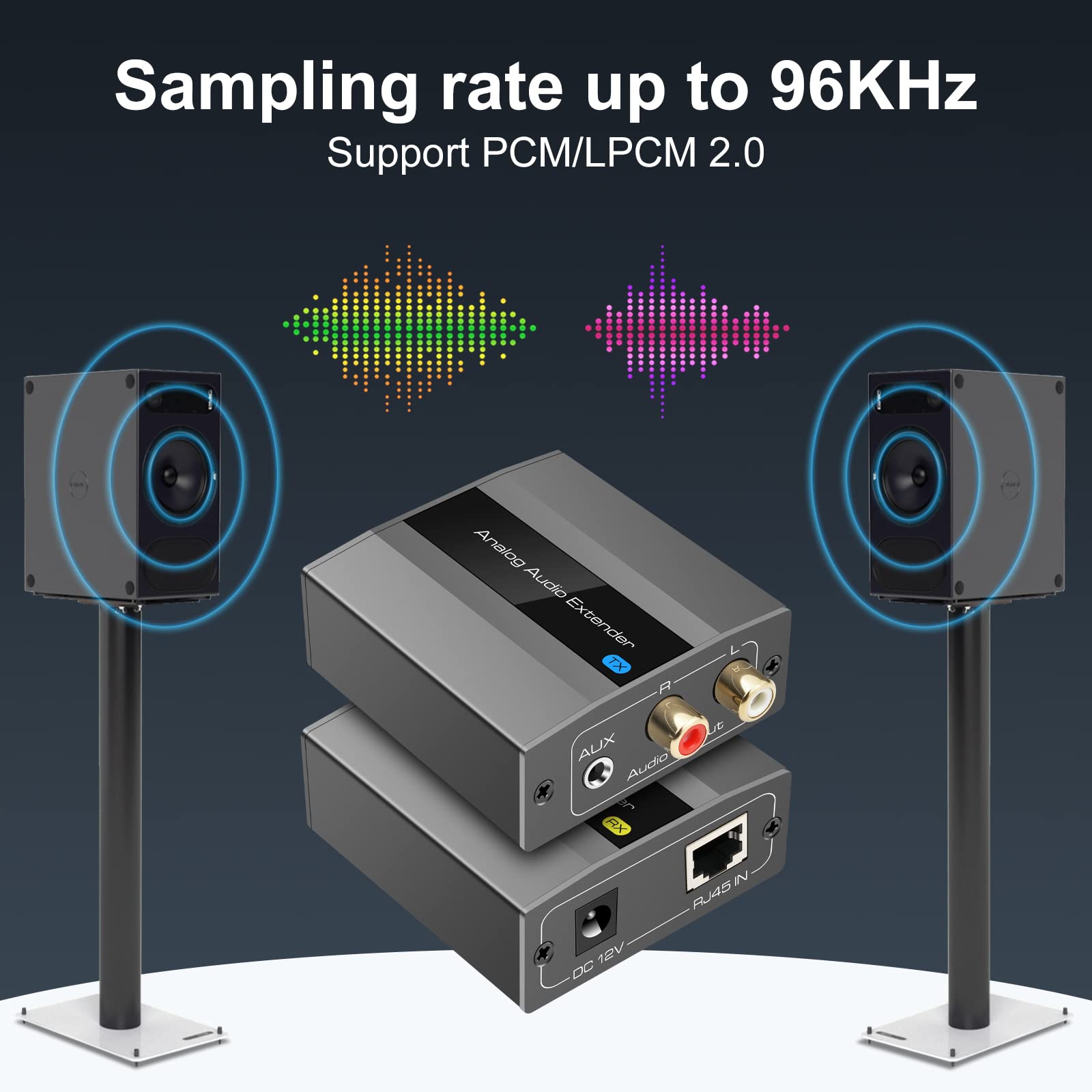 Analog Audio Extender Amplificatore analogico RCA 3.5mm stereo sopra Ethernet singolo Cat5e 6 7 cavo fino a 1475 Ft adattatore convertitore di supporto PCM stereo POC Power on Cat