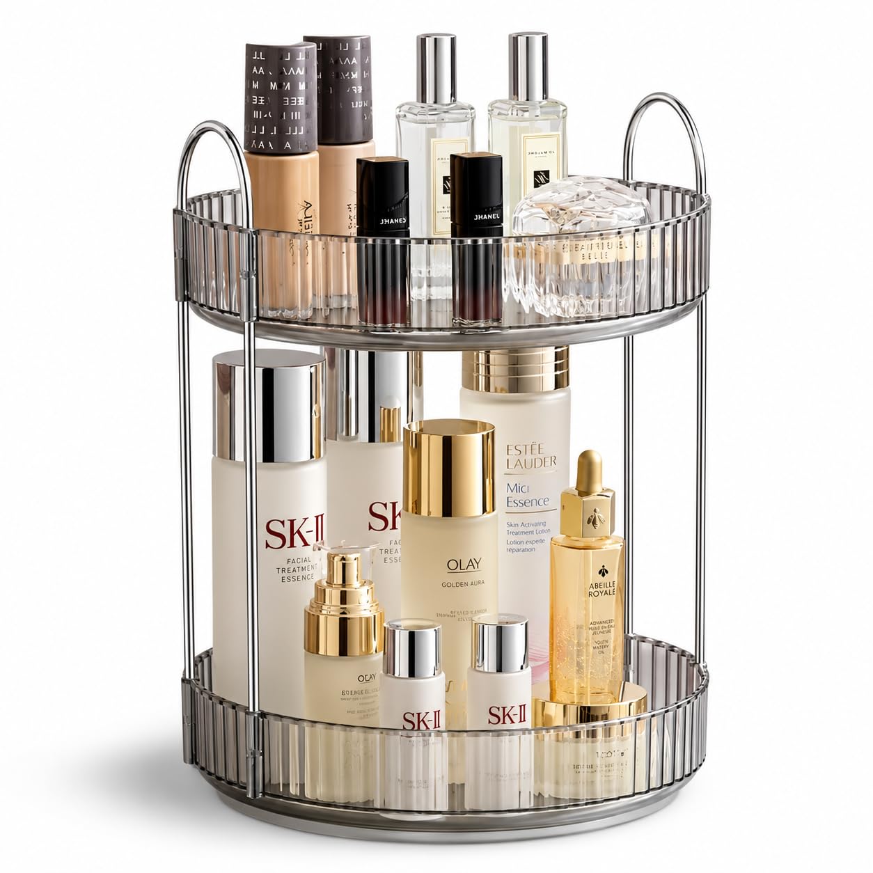 Xacton 2-Tier 360° Rotating Makeup Organizer for Vanity & Bathroom | High-Capacity Cosmetic & Skincare Storage Rack | Perfume, Lipstick, Nail Polish Holder (Grey)-image-17