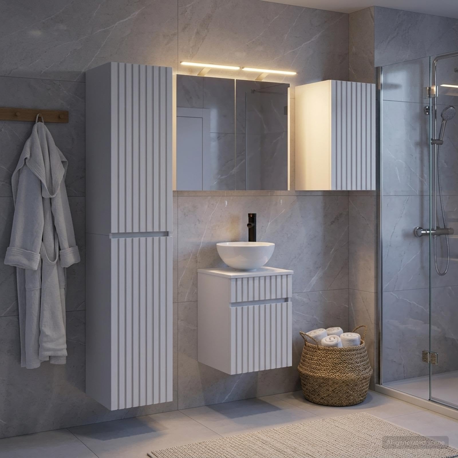 Set di 5 armadietti da bagno in legno bianco con montaggio a parete, luce a specchio LED integrata, possibilità di archiviazione flessibili per bagno moderno, kit di montaggio incluso