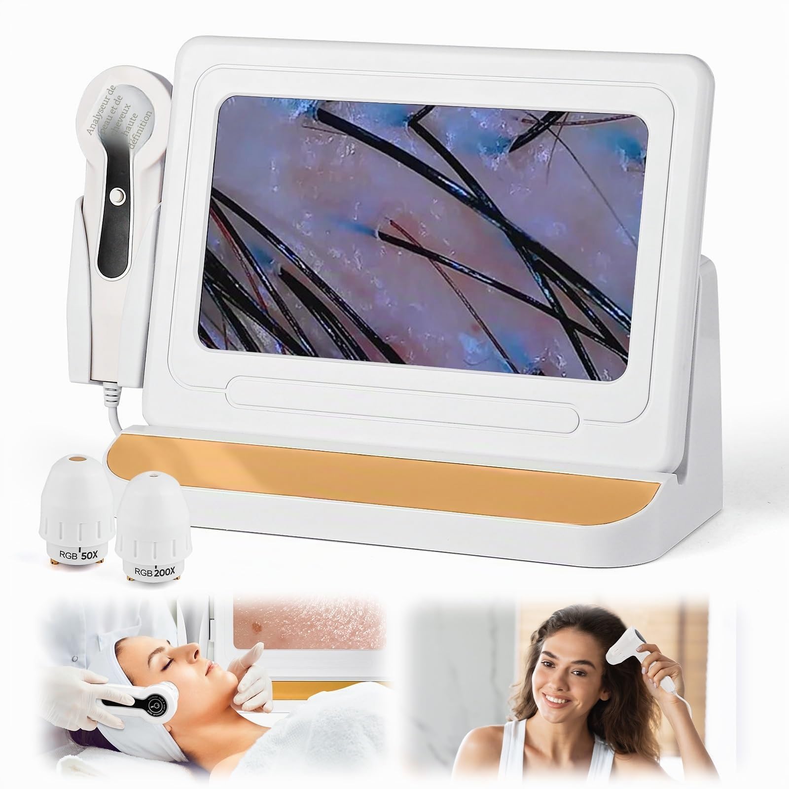 Skin Diagnosis Analyseur de cheveux, 11 ", avec double tête 50 x / 200 x pour la maison, le salon de beauté et le spa