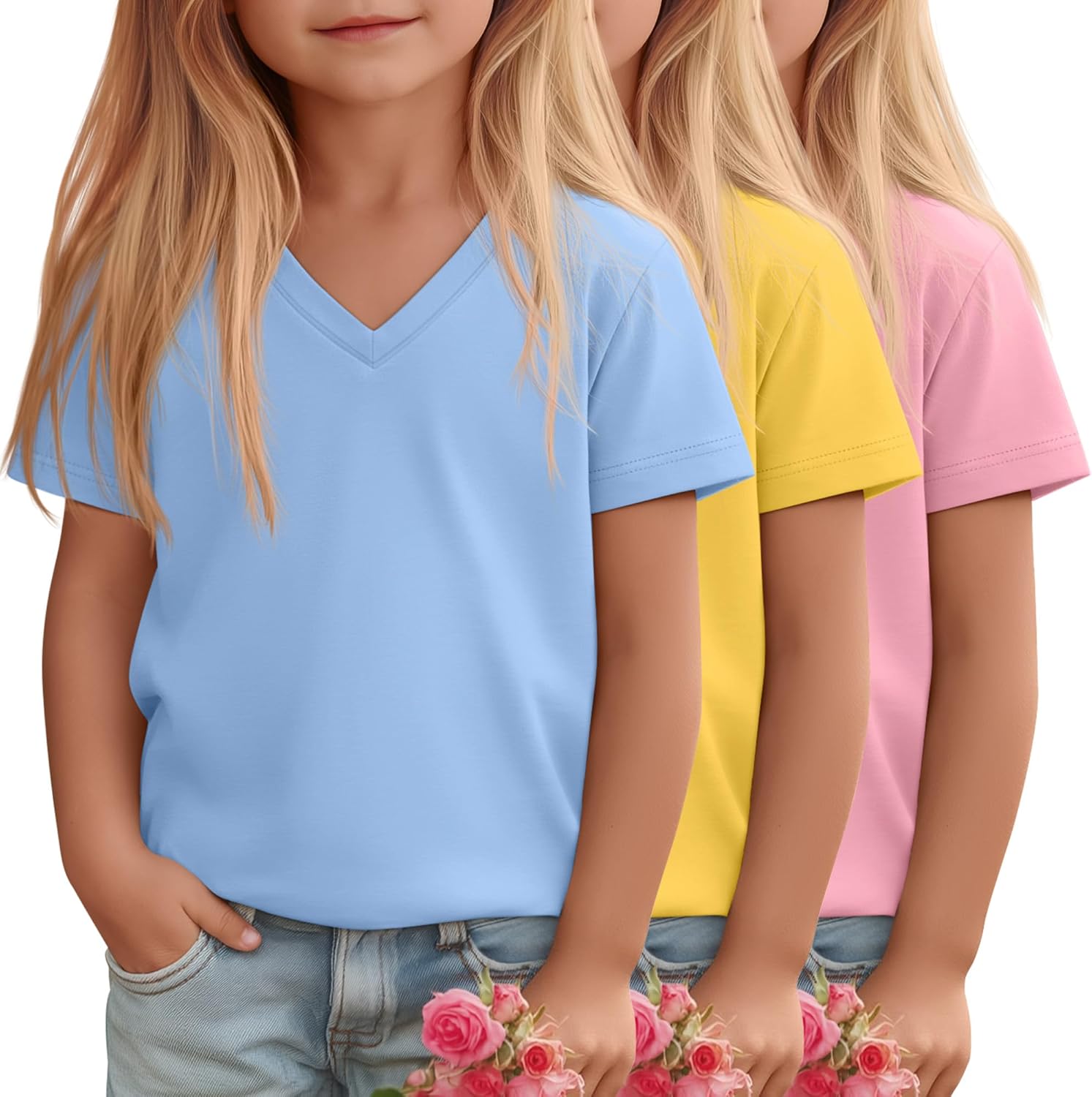 3 Pack Toddler Girls' V Neck T-Shirts 18M-5T Short Sleeve Baby Loose Tops Kids Basic Soft Clothes Tees