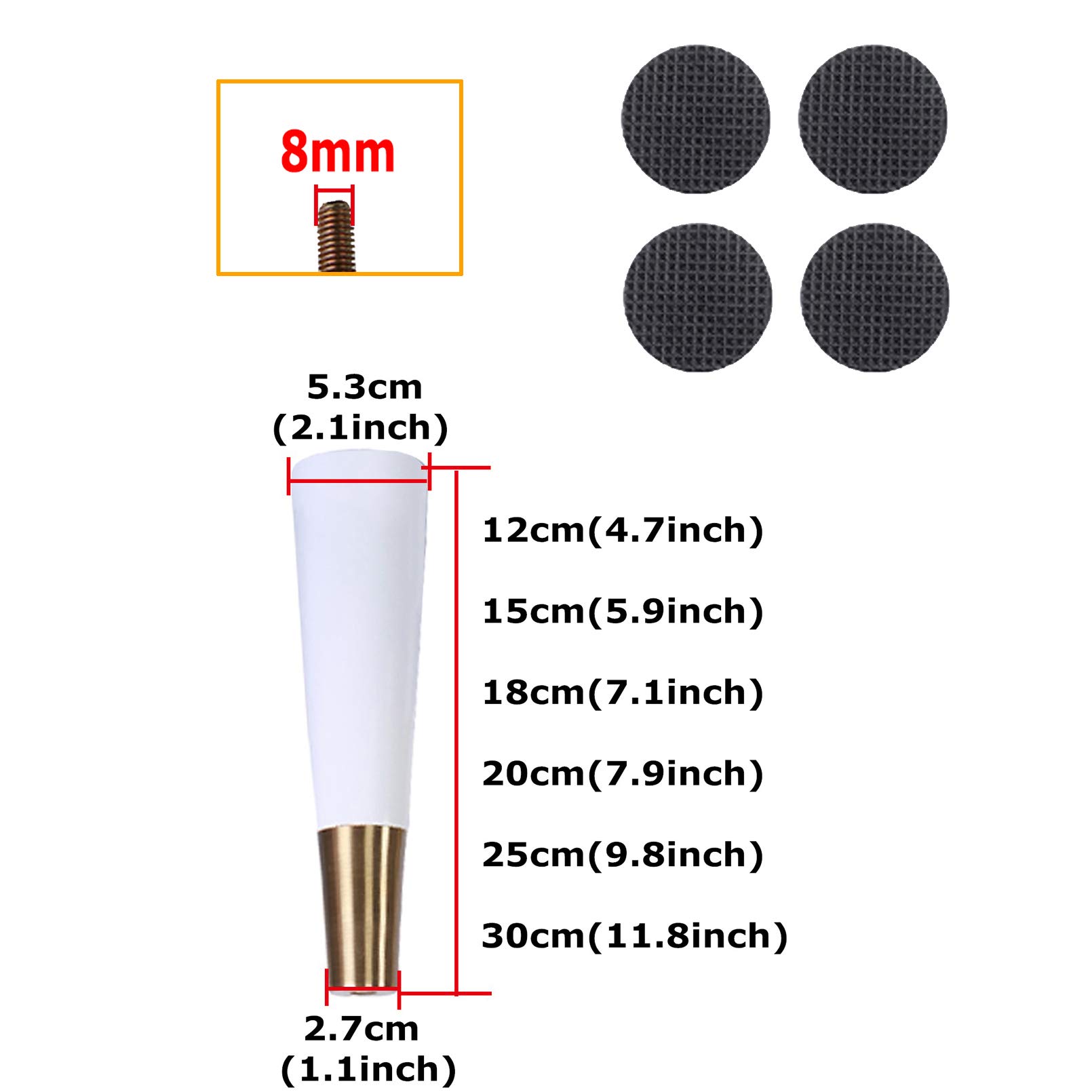 Gambe per mobili in Legno massello, Set di 4 Gambe di Ricambio con Barra filettata M8 conica per scrivania, Mobile, Sedia, Tavolo, Divano, Pouf, cassettiera, Bianche, 18 cm, con Base in Otto