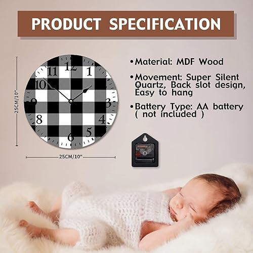 Miniatura 7 de ArogGeld Qx554bcsx7h0 - Reloj de pared a cuadros de búfalo blanco y negro de 10 pulgadas, funciona con pilas, sin tictac, madera de granja vintage,